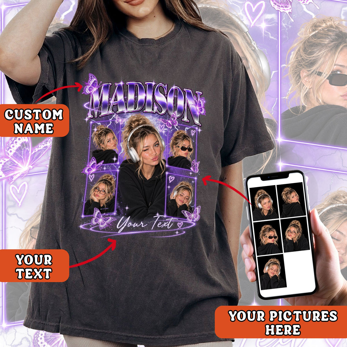 Purple Butterfly Custom T-Shirts with Photos and Name, Personalized Gifts for Women, Customized Tee Shirts with Pictures, Graphic Tee, Pallyprints Co.