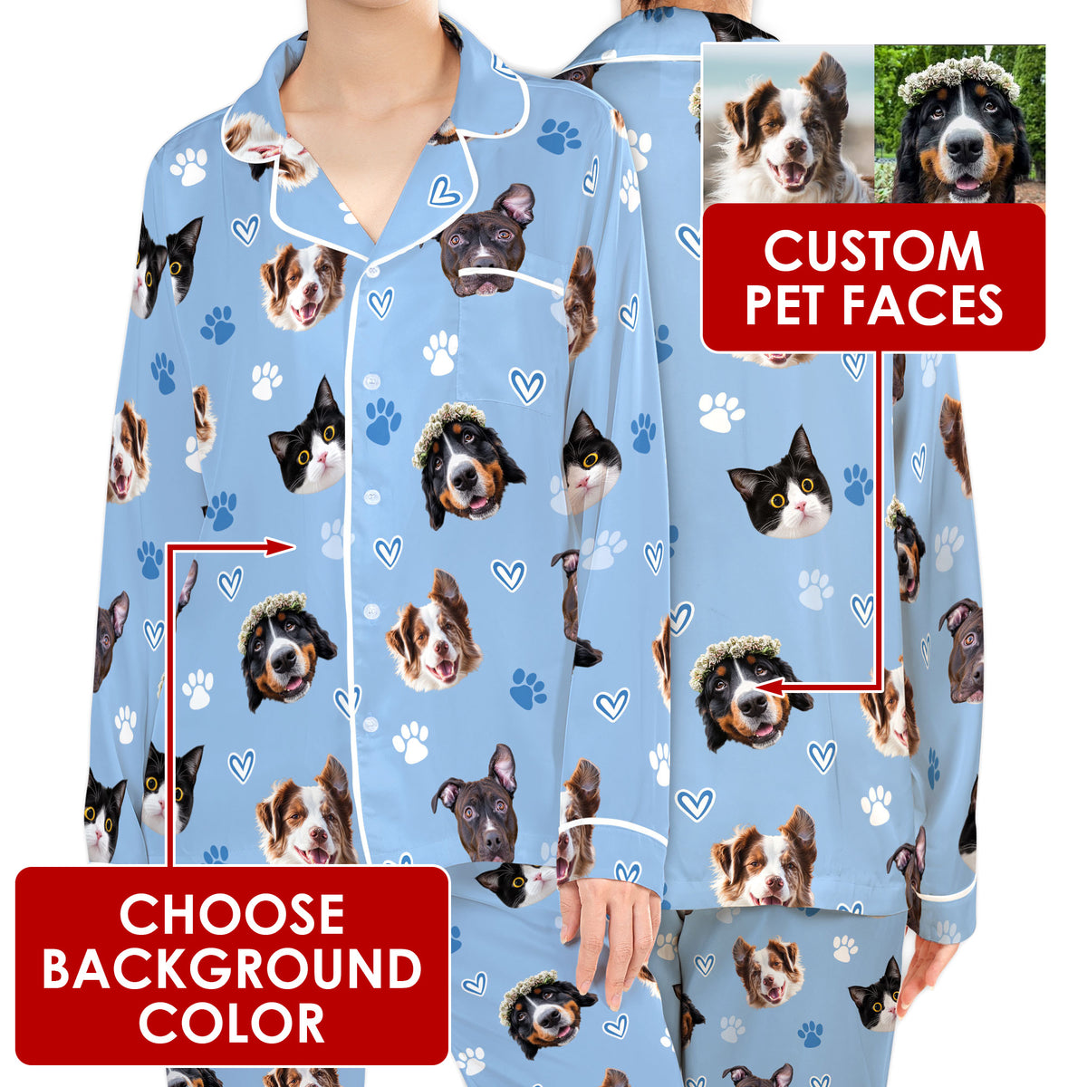 Custom Pet Face Satin Pajamas Set Personalised Dog Cat Face PJs Women Sleepwear Gift