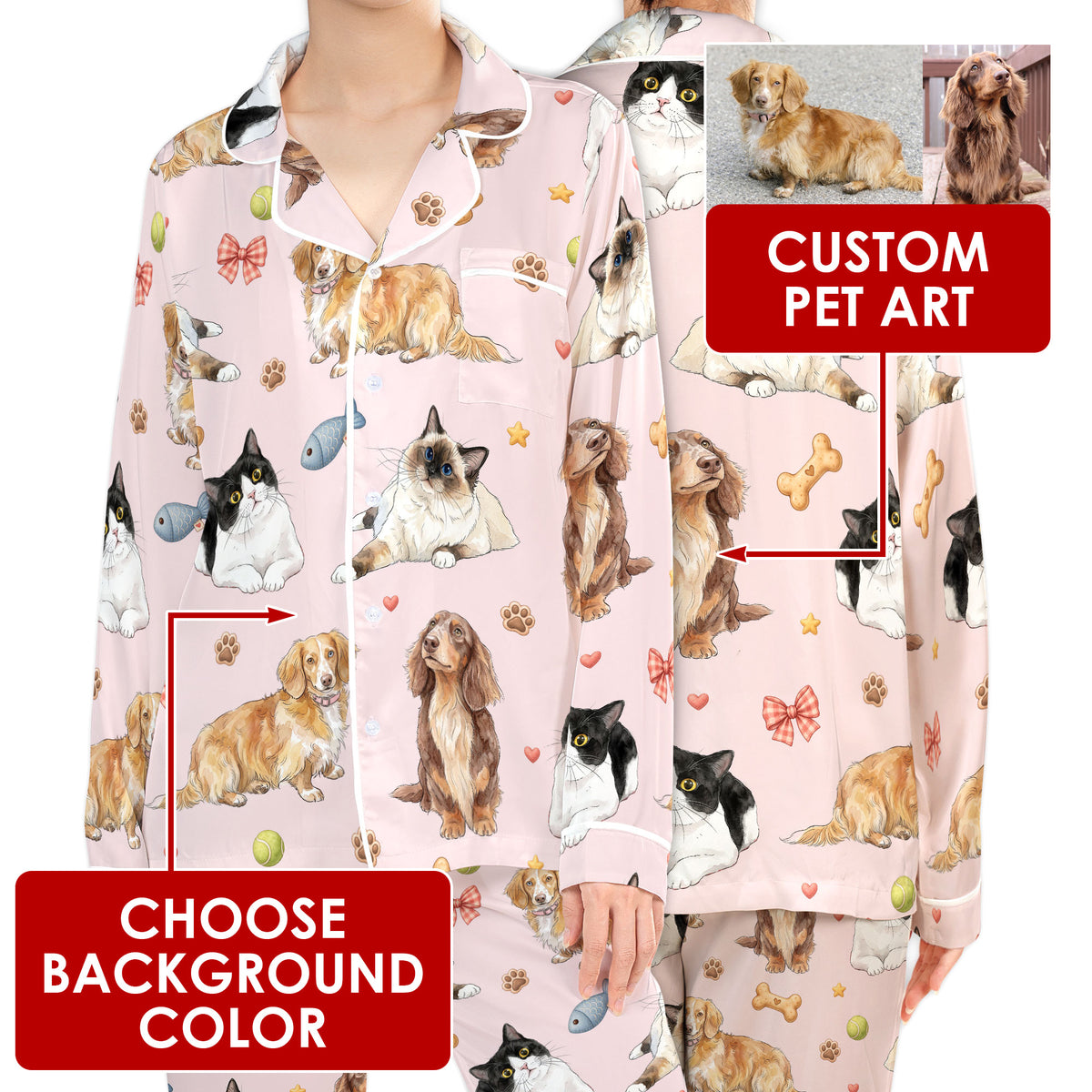 Custom Dog Cat Satin Pajamas Personalised Full Body Pet Photo PJs Women Sleepwear Set