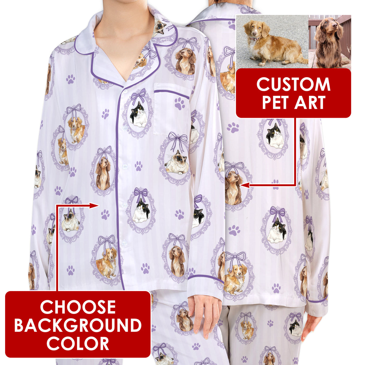 Custom Pet Satin Pajamas Set Personalised Dog Cat Portrait PJs Vintage Bow Sleepwear