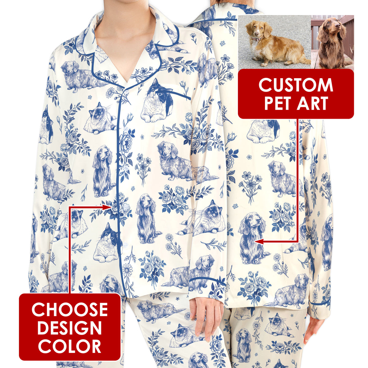 Custom Pet Satin Pajamas Set Personalised Vintage Floral Toile Dog Cat PJs Sleepwear