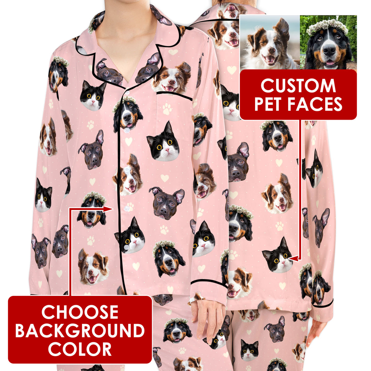 Custom Pet Face Satin Pajamas Personalised Photo Dog Cat PJs Women Long Sleeve Set