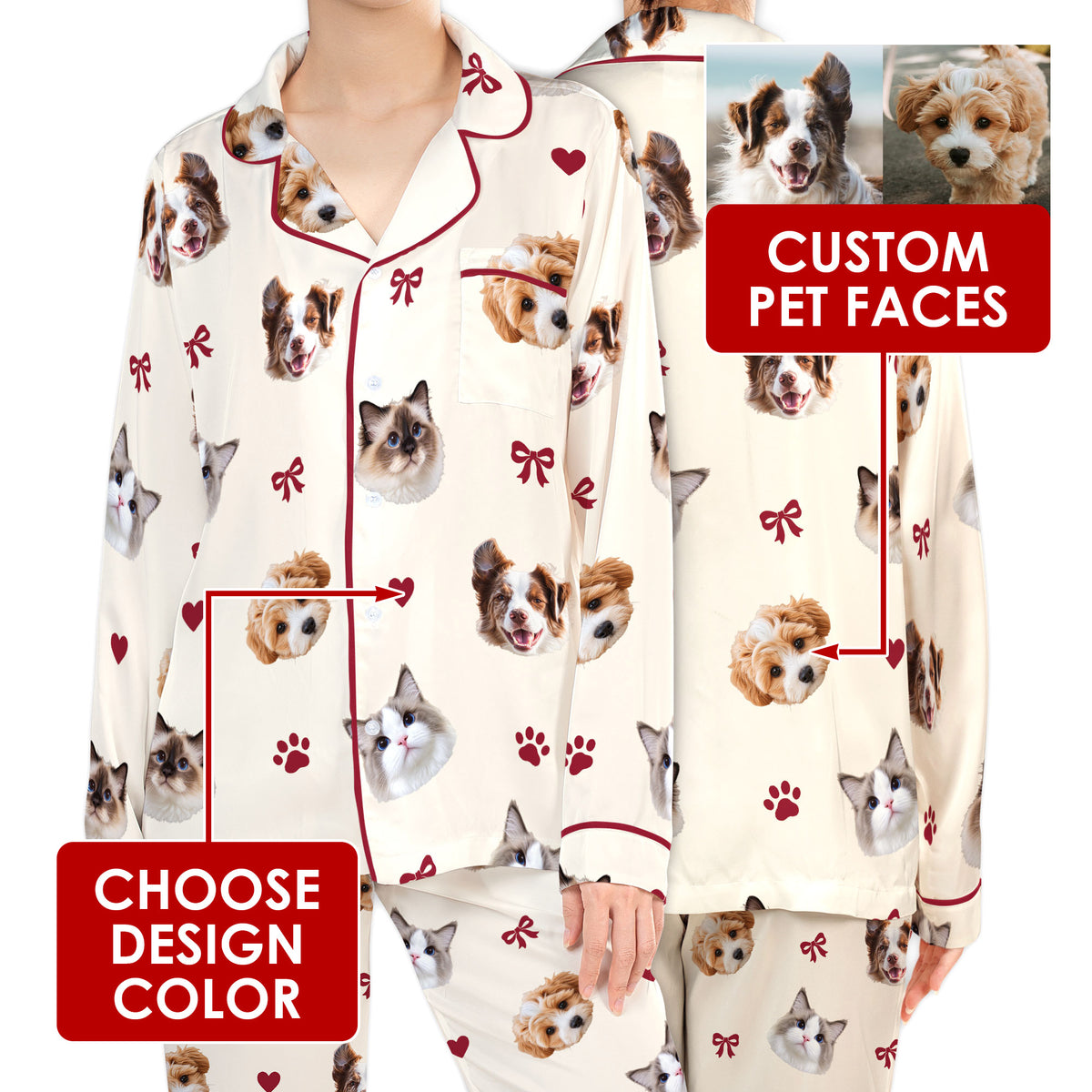 Custom Pet Face Satin Pajamas Personalised Photo Dog Cat PJs Coquette Bow Sleepwear