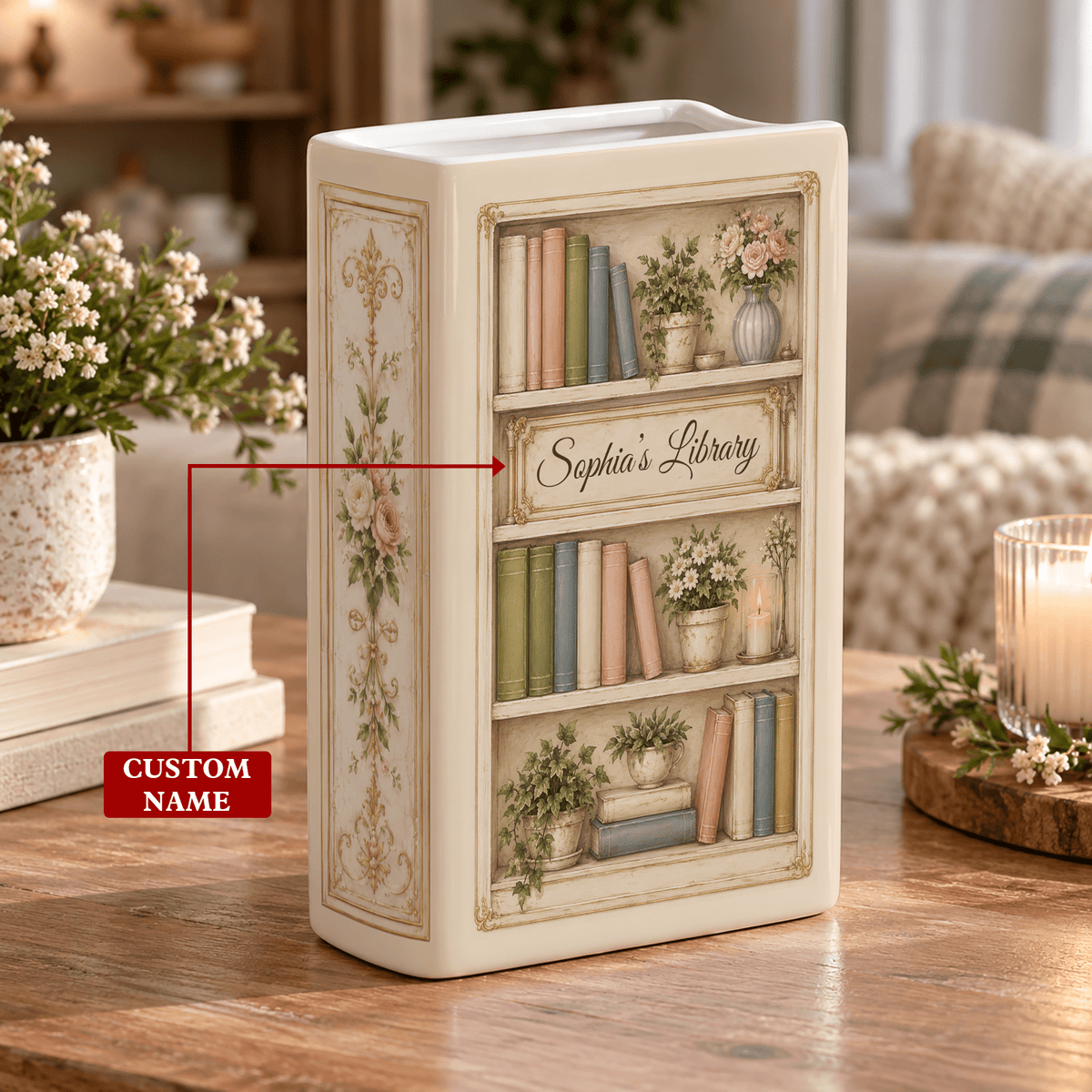Custom Book Shelf Flower Vase Library Botanical Floral Vase Home Accent Piece Holder