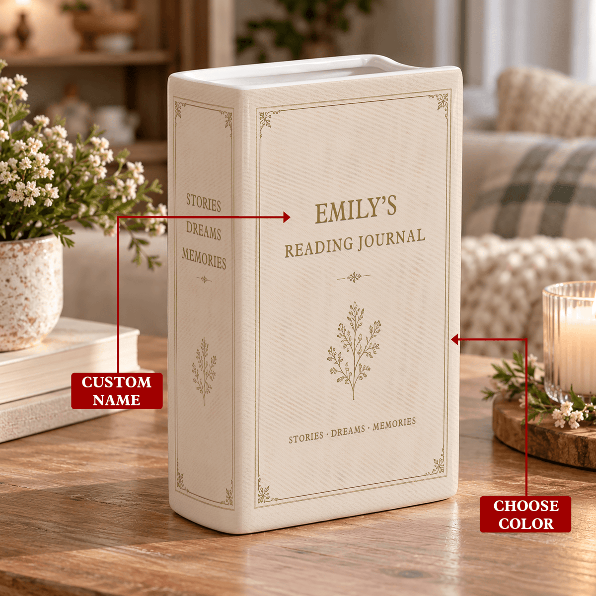 Custom Book Vase Reading Journal Botanical Floral Acrylic Flower Holder Centerpiece