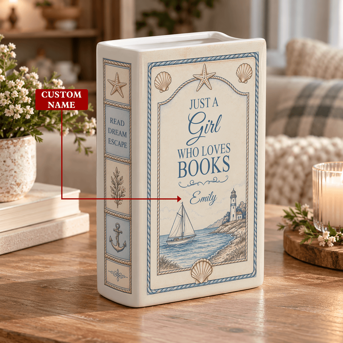 Custom Book Vase Just A Girl Who Loves Books Nautical Floral Flower Holder Centerpiece