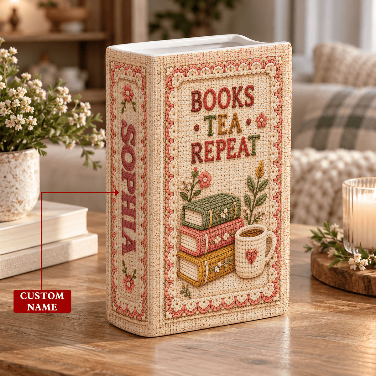 Custom Book Flower Vase Books Tea Repeat Floral Centerpiece Bookish Gift for Book Lovers