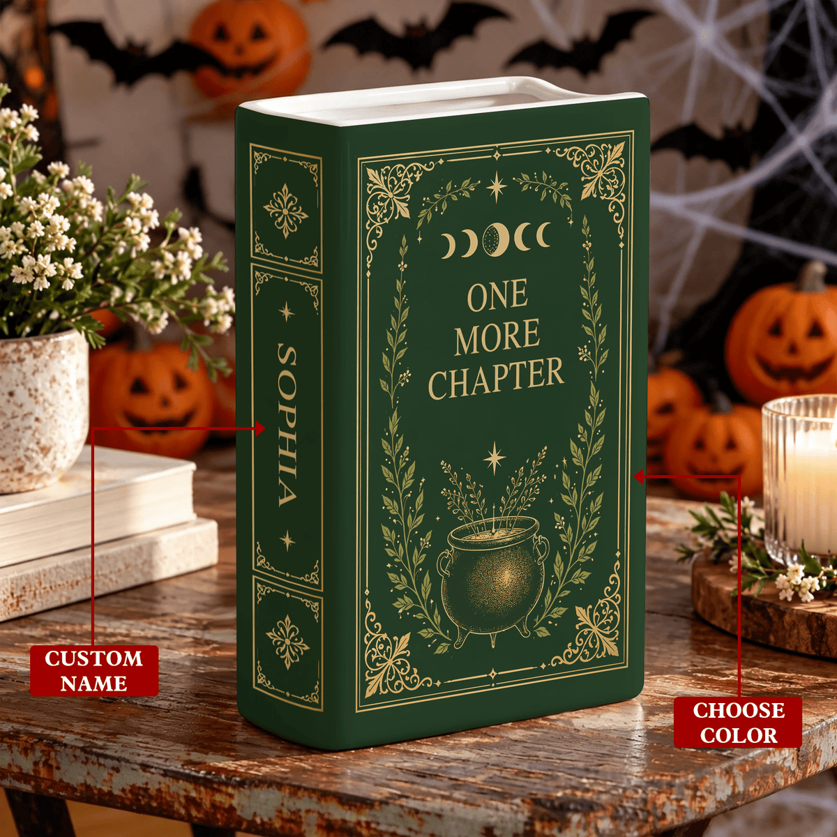 Custom Book Flower Vase One More Chapter Spooky Halloween Floral Bookish Decor Gift