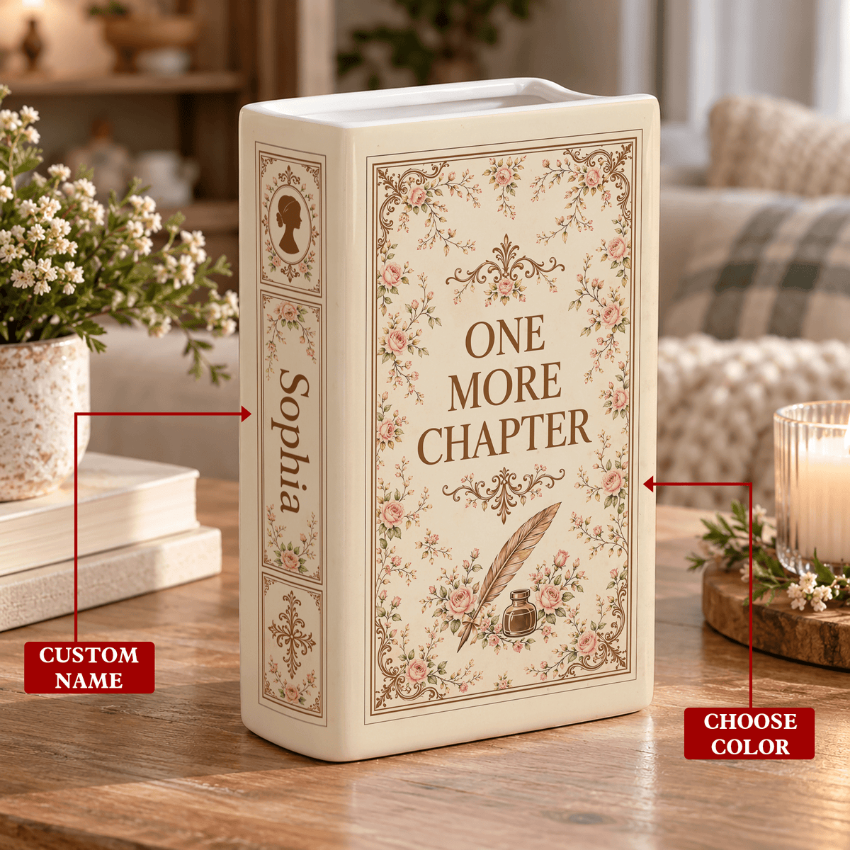 Custom Book Flower Vase One More Chapter Vintage Floral Centerpiece Book Lovers Gift