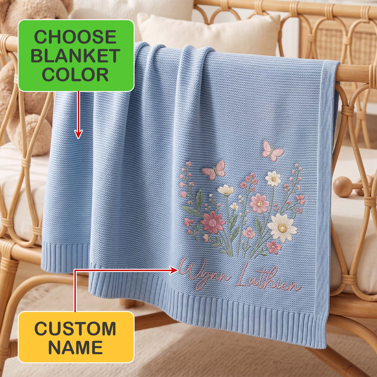 Personalized Embroidered Baby Name Blanket Floral Butterfly Custom Knit Blanket Baby Gift