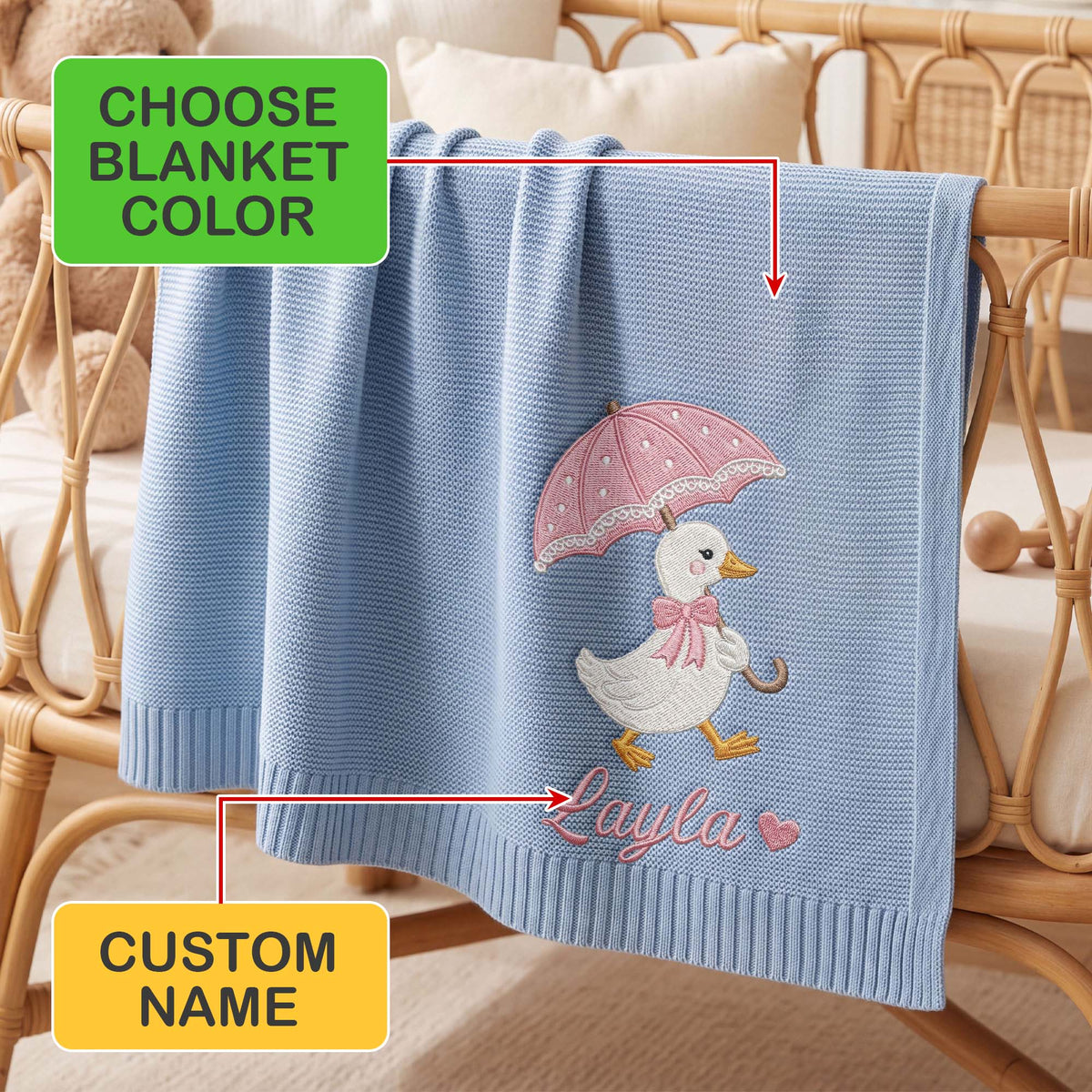 Personalized Embroidered Baby Name Blanket Cute Duck Umbrella Custom Knit Baby Shower Gift
