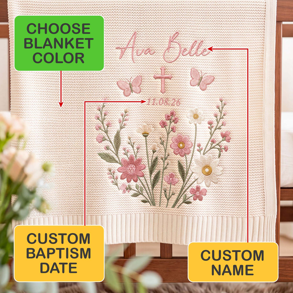 Personalized Embroidered Baby Name Blanket Baptism Cross Floral Knit Baby Shower Gift