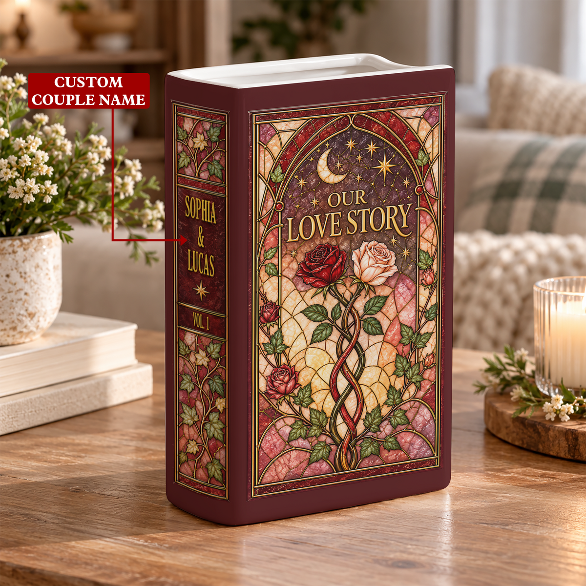 Custom Wedding Book Vase Stained Glass Roses Ceramic Flower Tabletop Floral Planter Pot