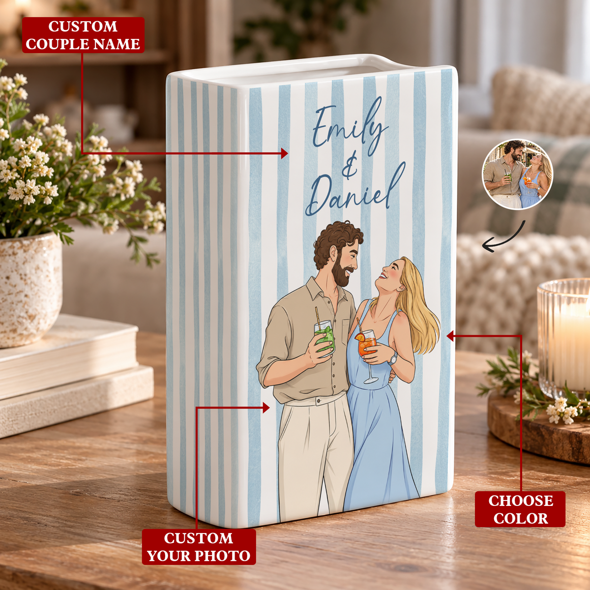 Custom Wedding Book Vase Couple Portrait Striped Pattern Ceramic Flower Tabletop Holder