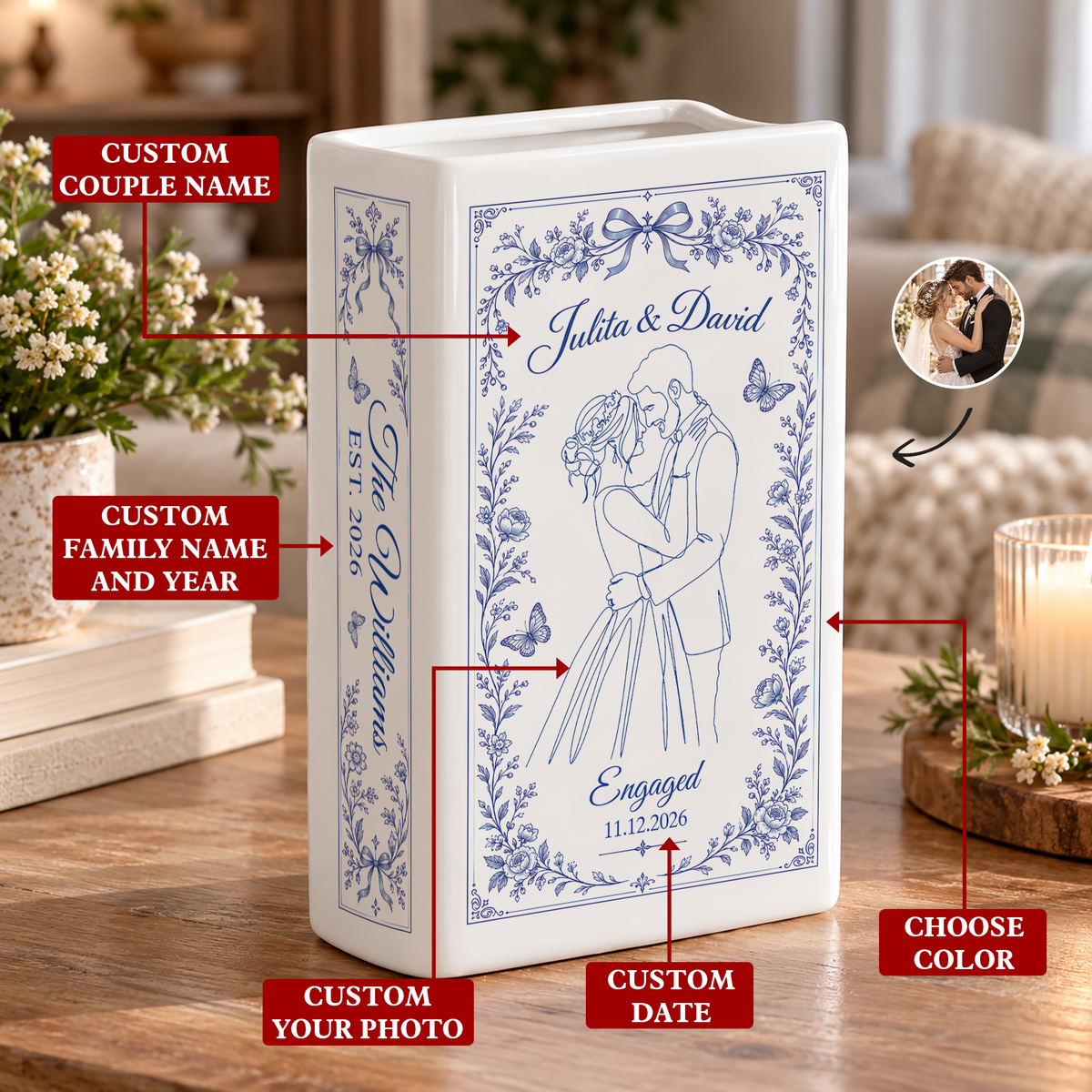 Custom Wedding Book Vase Toile de Jouy Bride Groom Line Art Ceramic Tabletop Holder