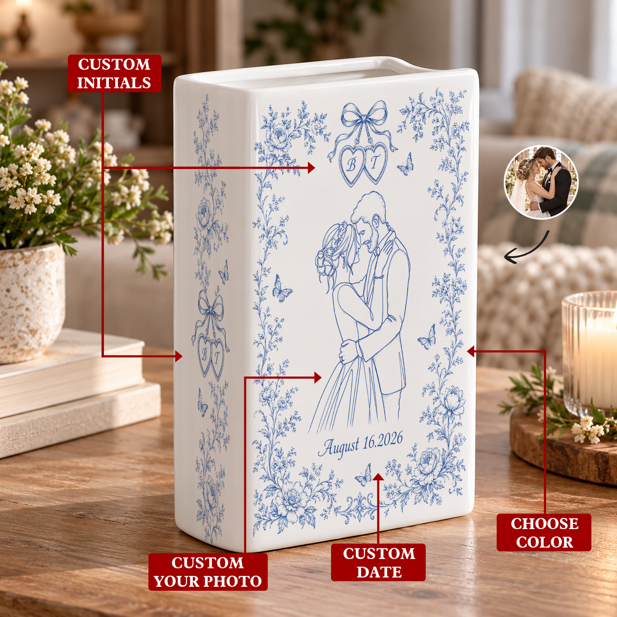 Custom Wedding Book Vase Ribbon Hearts Bride Groom Line Art Ceramic Tabletop Holder