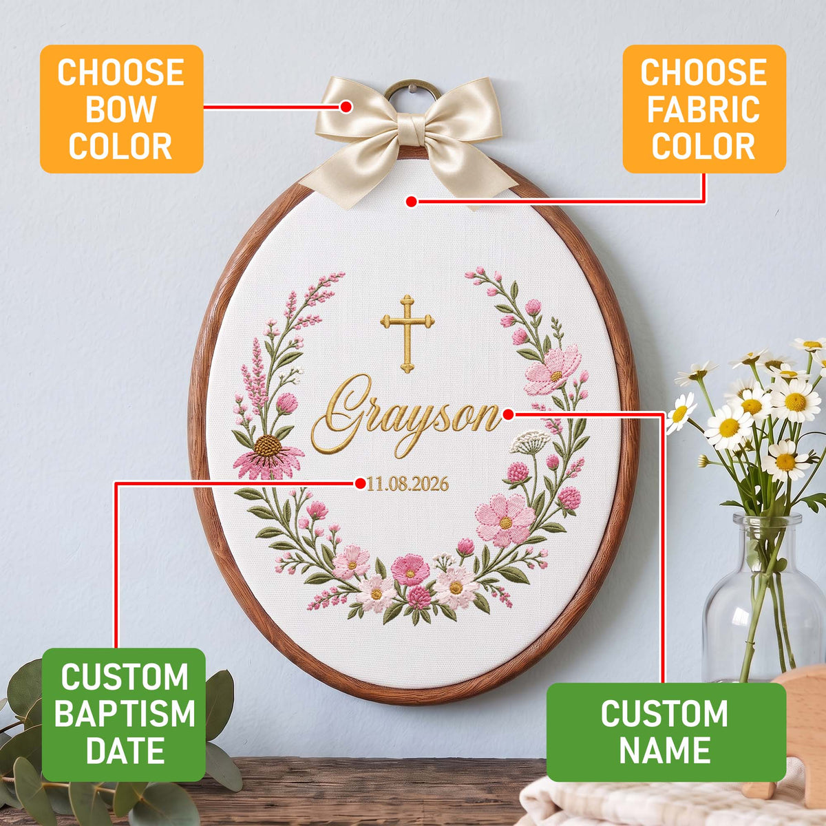 Personalized Embroidered Baby Name Hoop Floral Wreath Baptism Gift Nursery Wall Decor