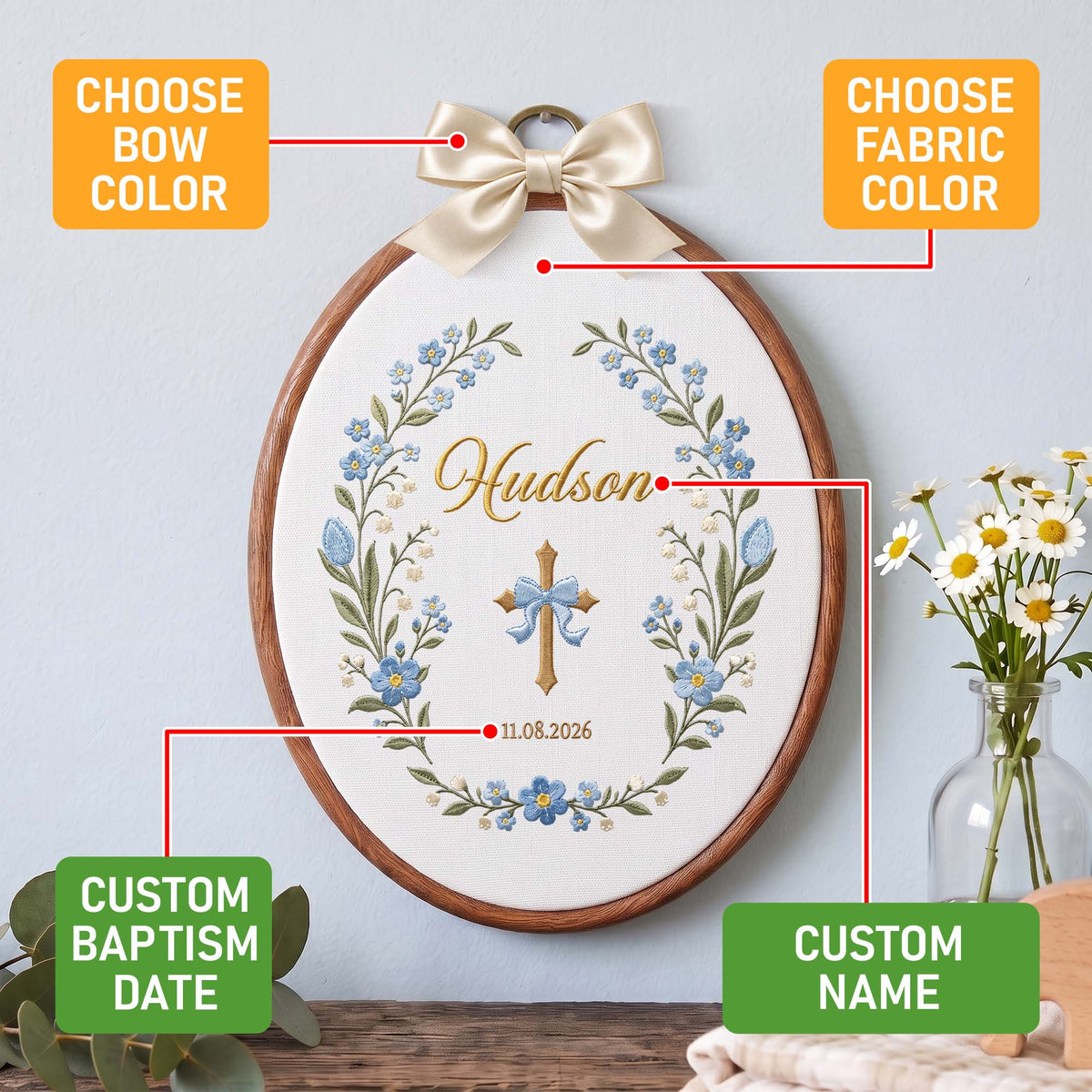 Custom Baby Name Embroidery Hoop Cross Blue Bow Baptism Gift Nursery Wall Decor