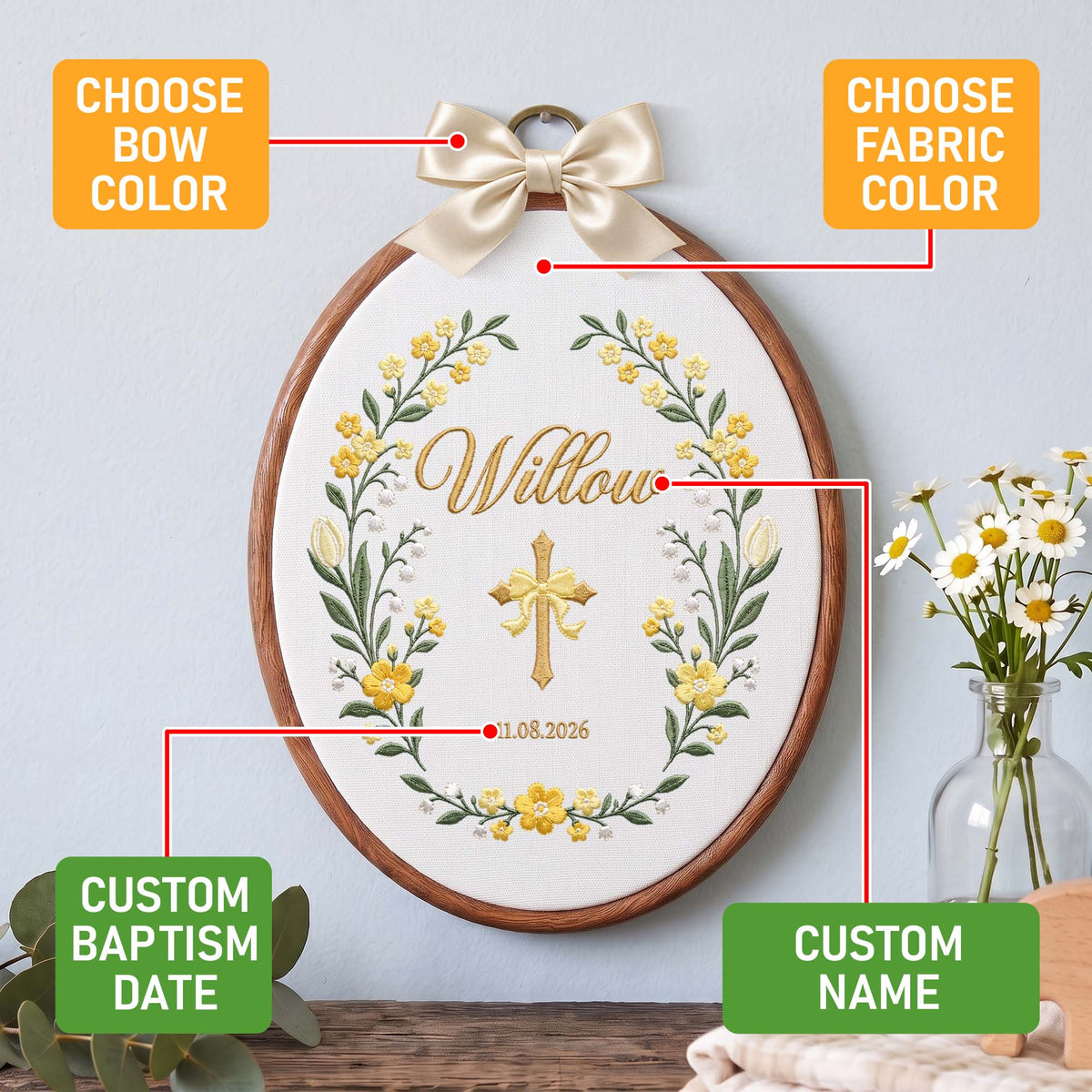 Custom Baby Name Embroidery Hoop Cross Yellow Bow Baptism Gift Nursery Wall Decor