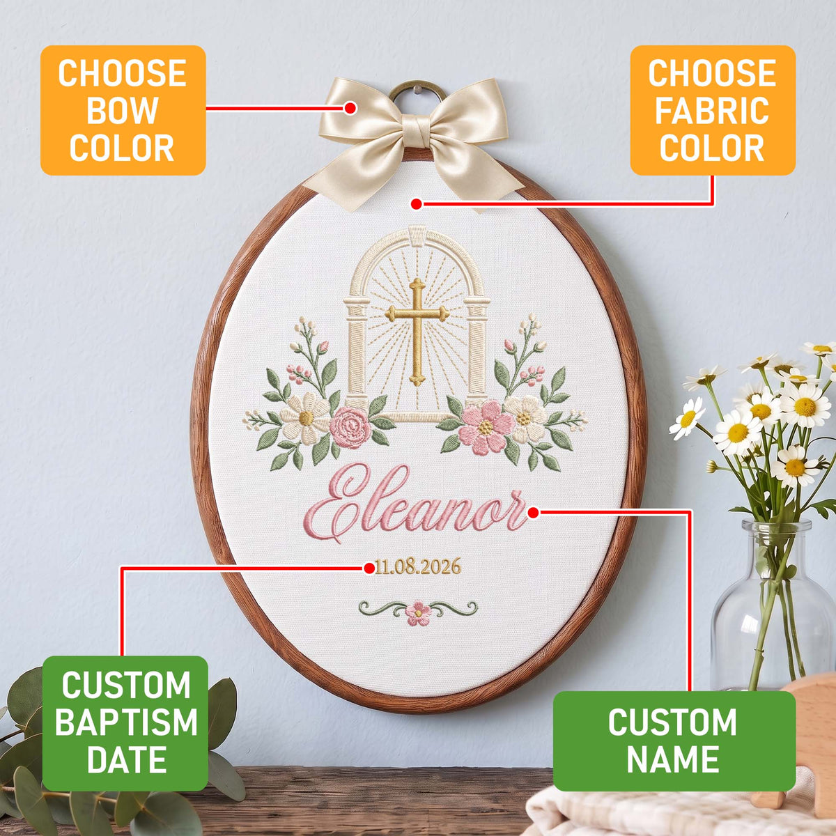 Custom Embroidered Baby Name Hoop Cross Clouds Baptism Gift Custom Nursery Decor