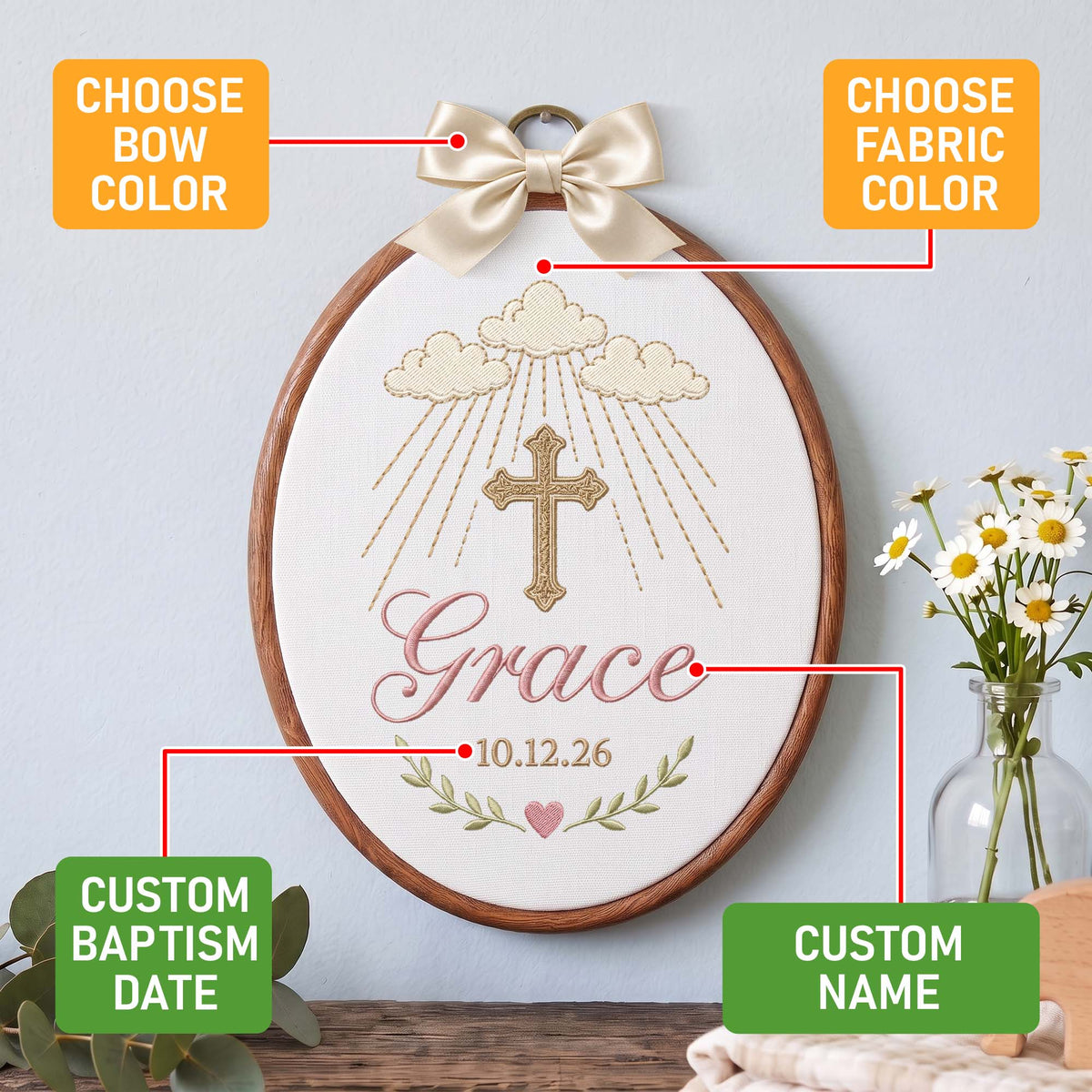 Personalized Baby Name Embroidery Hoop Cross Sun Rays Baptism Gift Nursery Decor