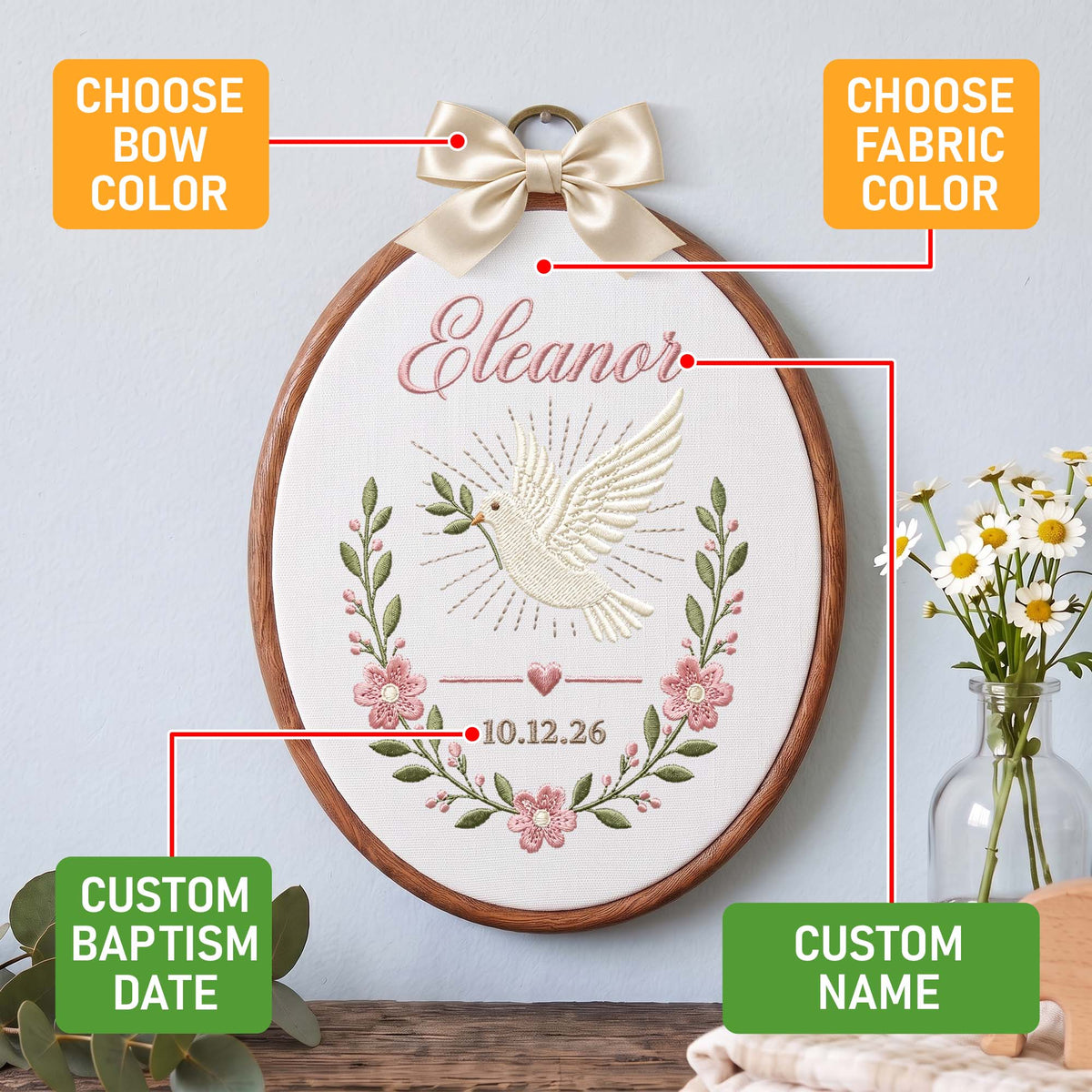 Personalized Baby Name Embroidery Hoop Holy Spirit Dove Baptism Gift Nursery Decor