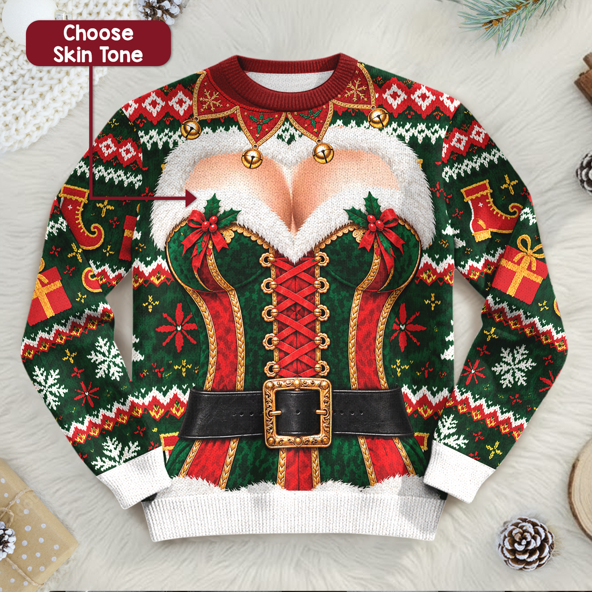 Funny Ugly Christmas Sweater Custom Skin Tone Sexy Cleavage Graphic Xmas Party Sweatshirt