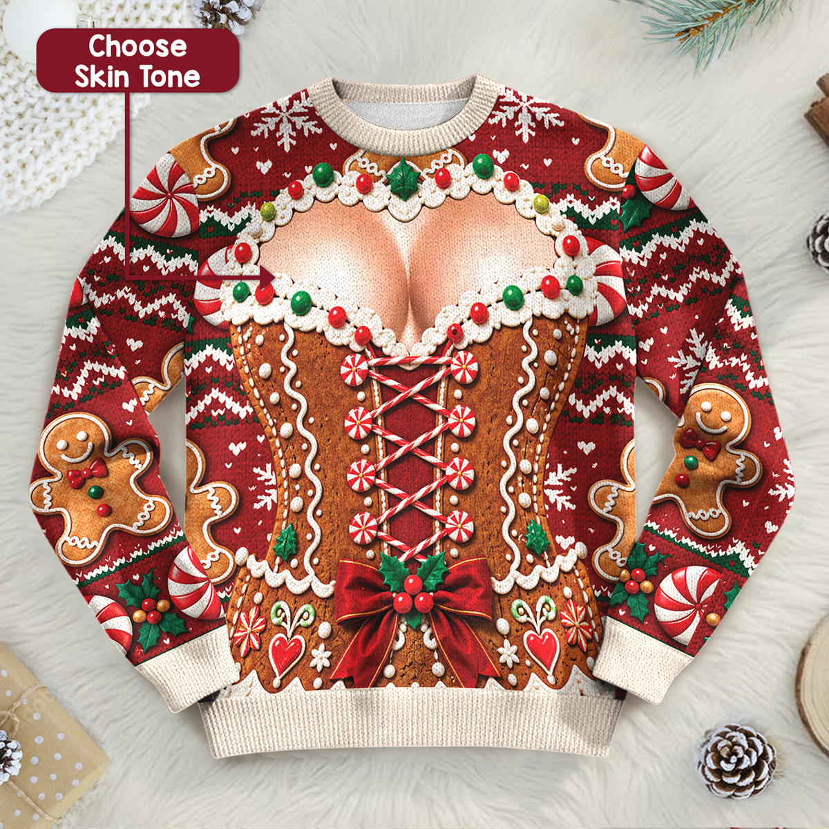 Funny Ugly Christmas Sweater Gingerbread Sexy Cleavage Custom Skin Tone Party Sweatshirt