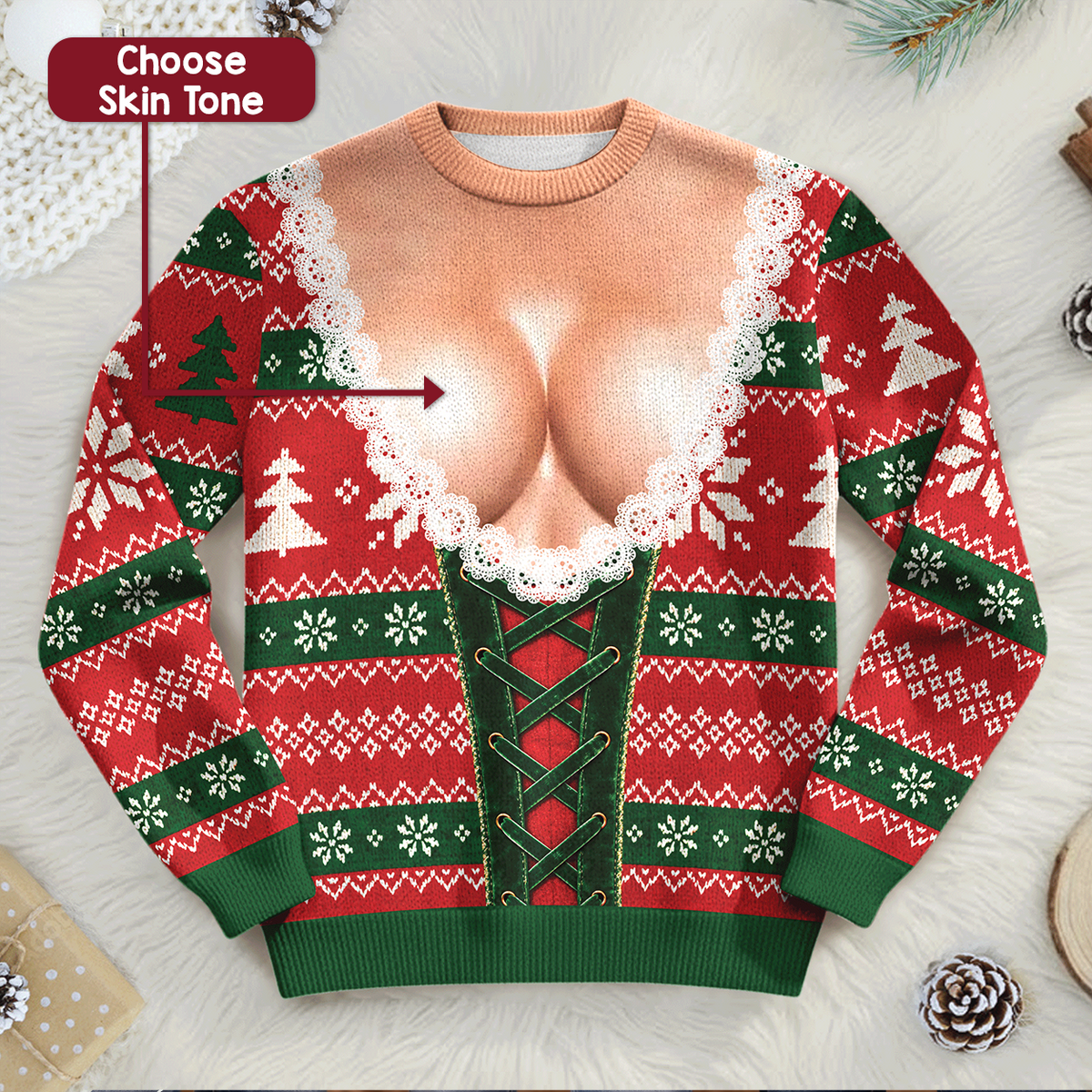 Funny Ugly Christmas Sweater Custom Skin Tone Sexy Cleavage Lace Xmas Party Sweatshirt