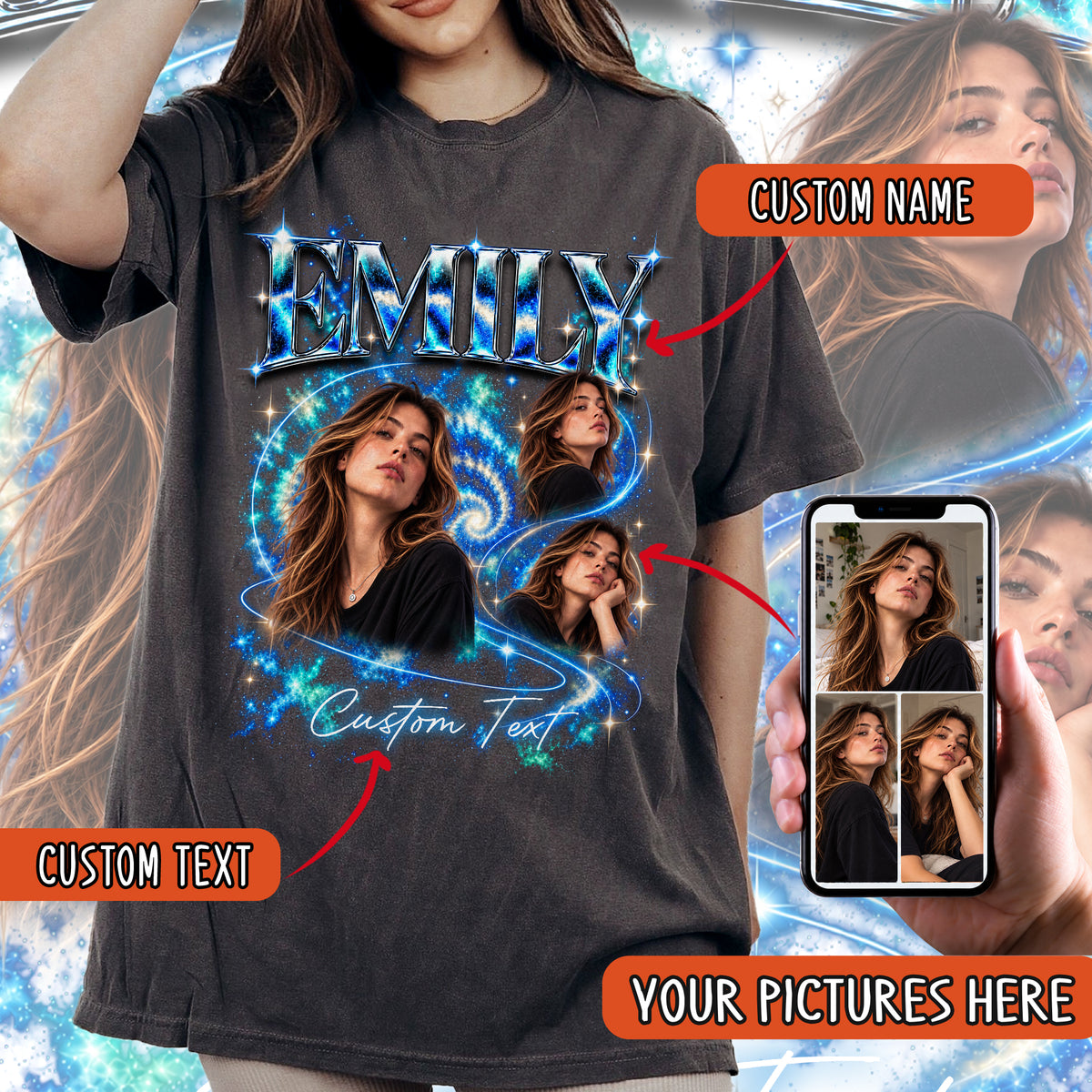 Custom Photo Bootleg T Shirt Vintage Y2K Retro Graphic Tee Personalized Text Name Shirt