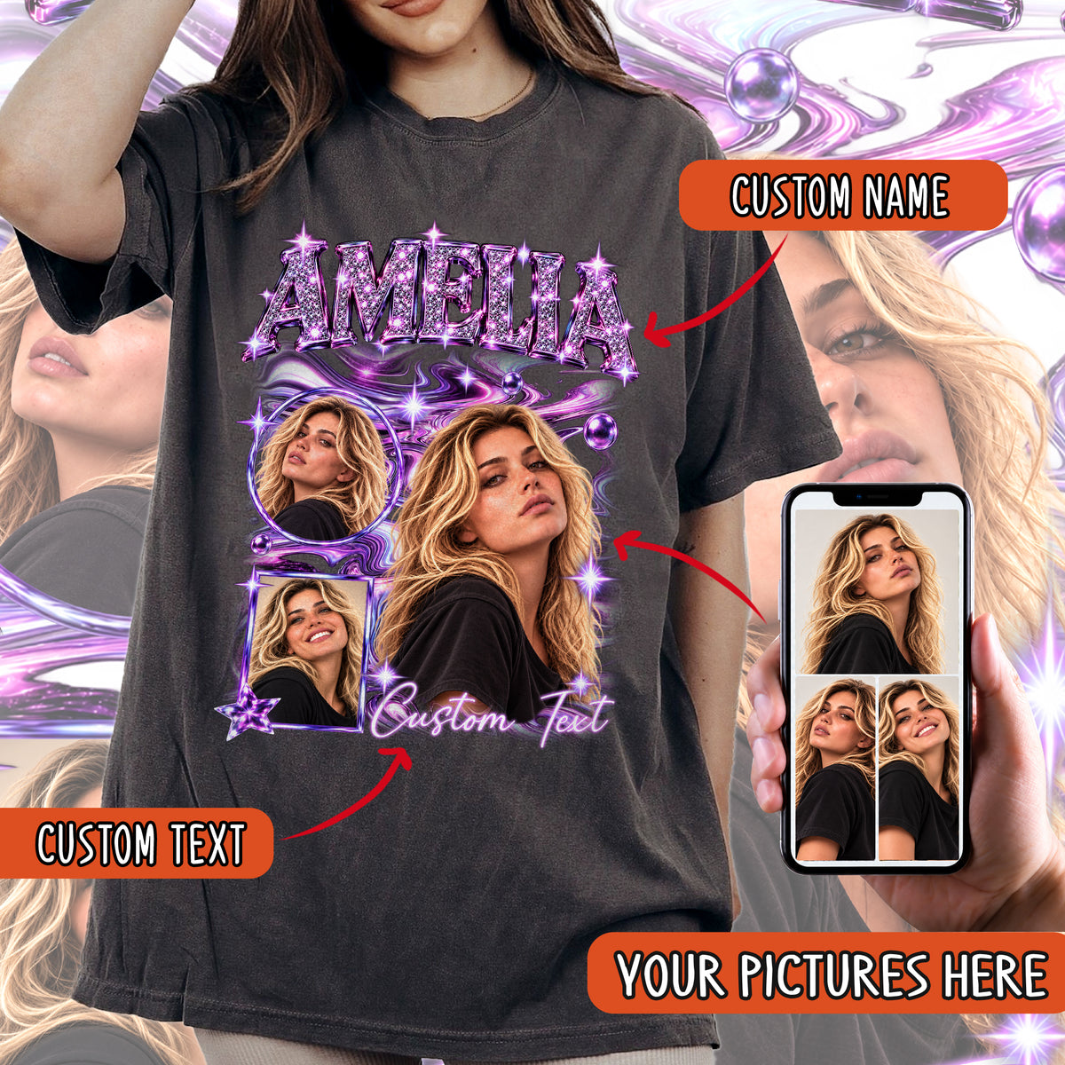 Custom Bootleg Rap T Shirt Vintage Y2K Glitter Graphic Tee Personalized Photo T Shirt