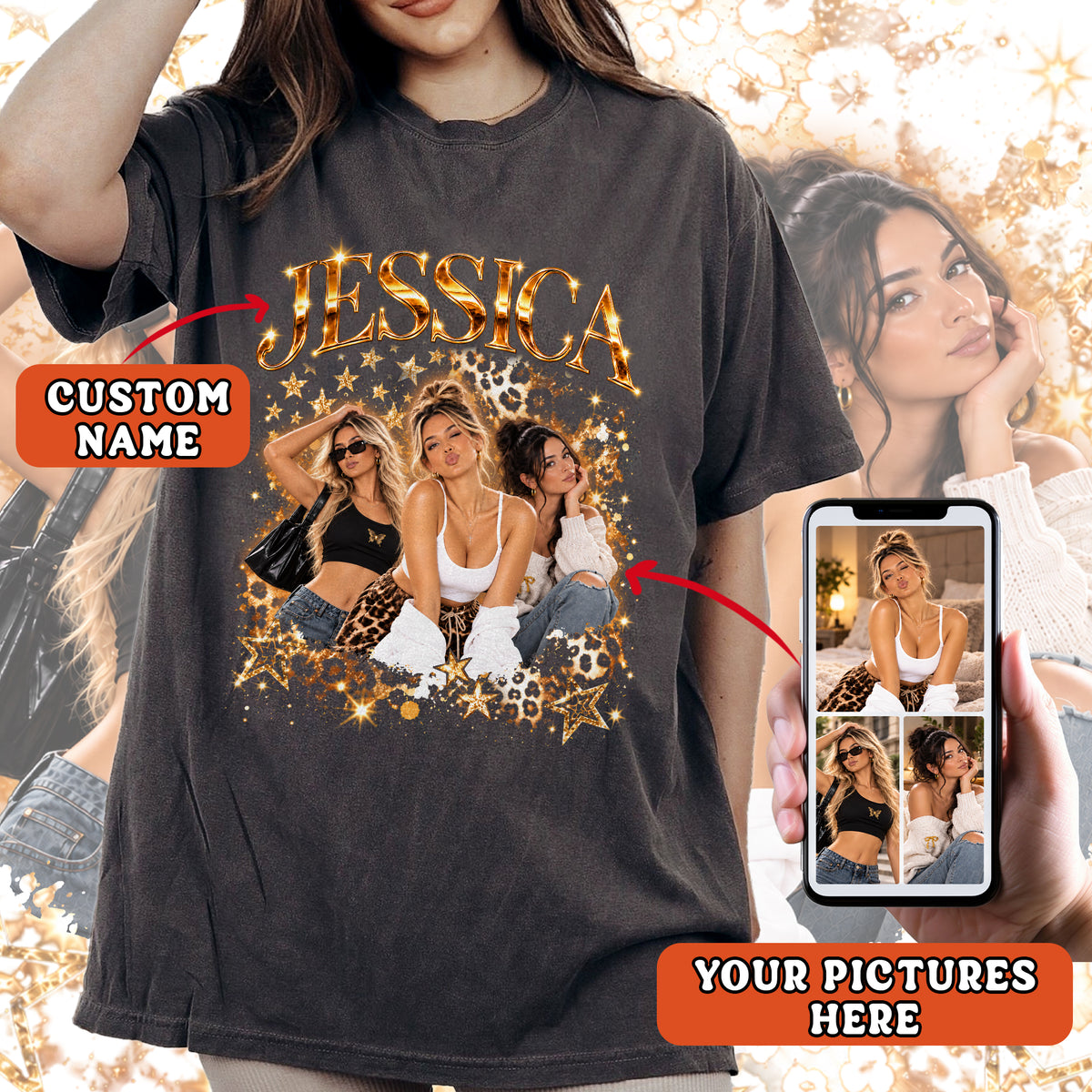 Custom Vintage Photo Collage T Shirt Unisex Leopard Star Graphic Tee Clothing Top Apparel