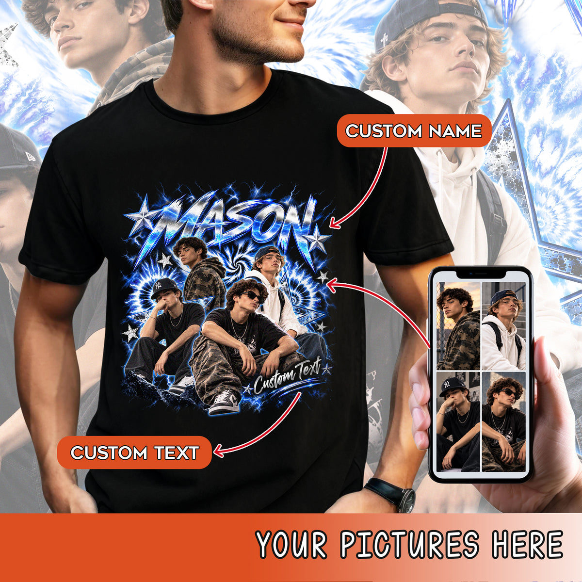 Custom Vintage Photo Collage T Shirt Unisex Lightning Star Graphic Tee Clothing Top