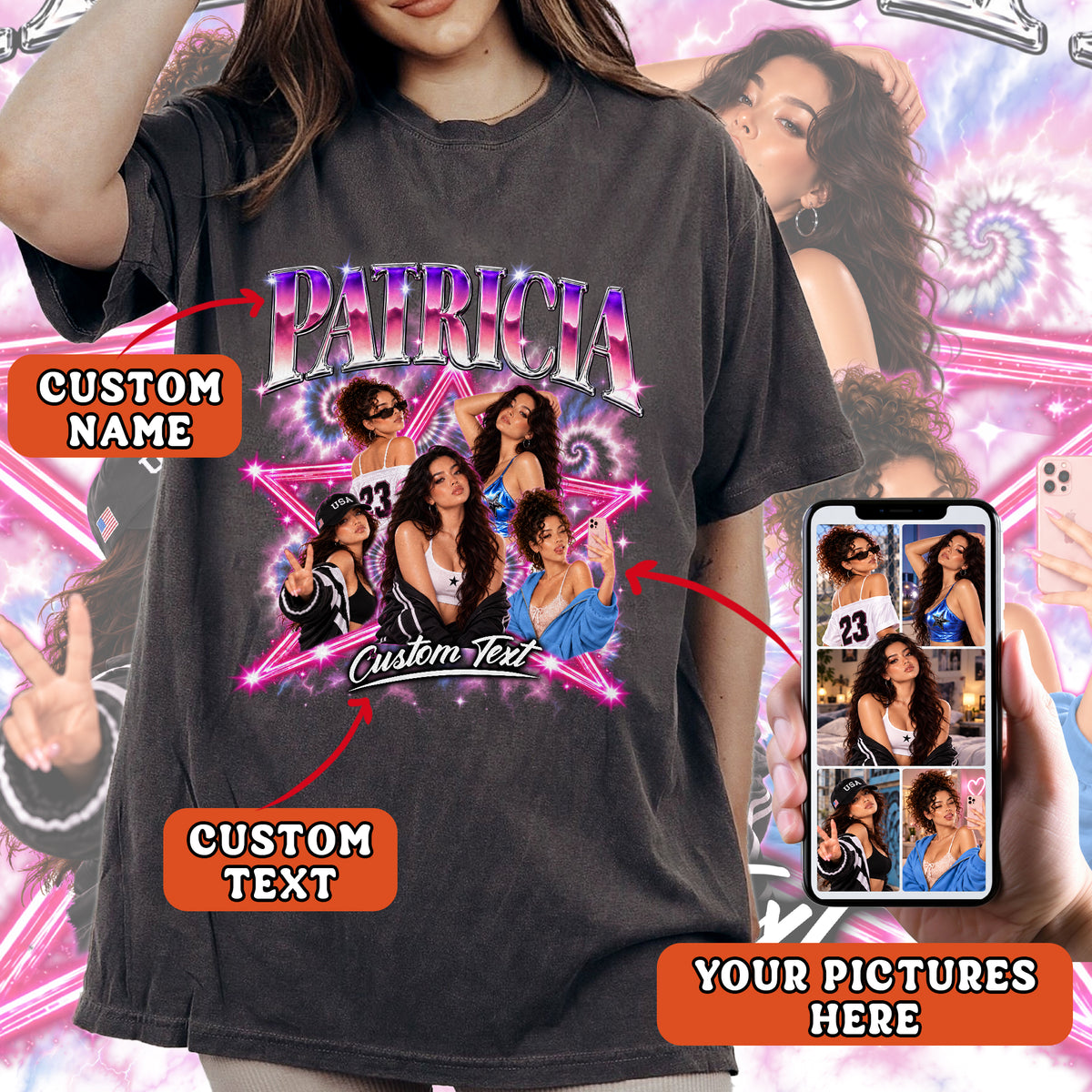 Custom Vintage Photo Collage T Shirt Unisex Neon Star Spiral Graphic Tee Clothing Top