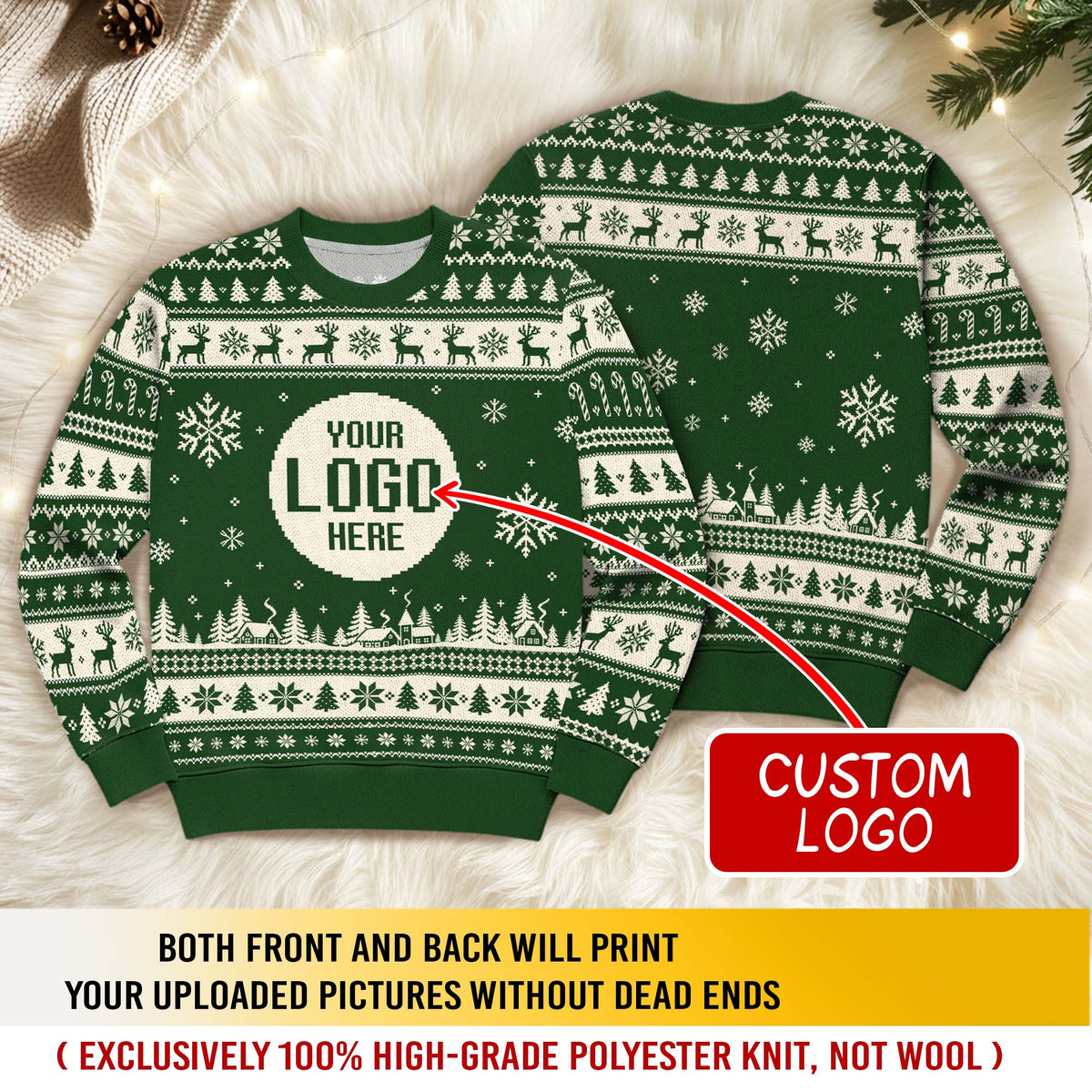 Custom Logo Ugly Christmas Sweater Reindeer Fair Isle Pattern Holiday Jumper