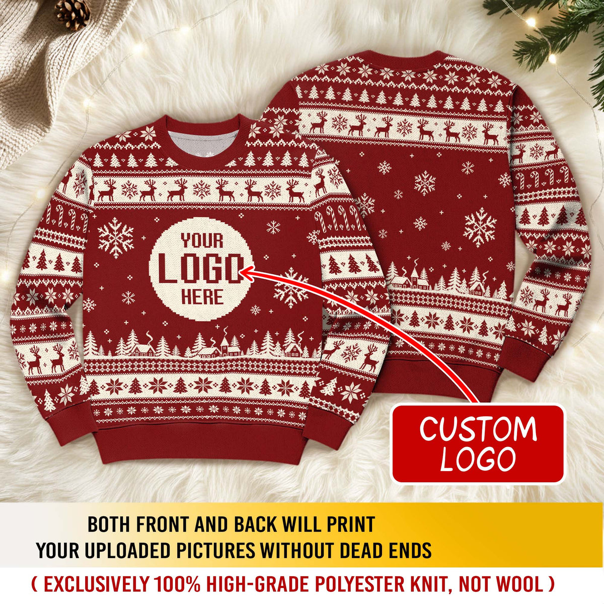 Custom Logo Ugly Christmas Sweater Red Reindeer Fair Isle Pattern Holiday Jumper
