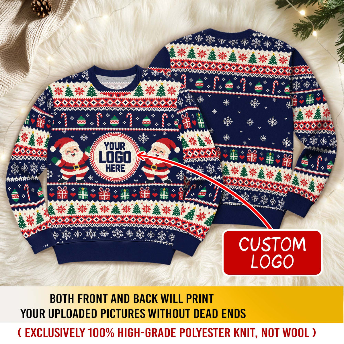Custom Logo Ugly Christmas Sweater Santa Claus Christmas Tree Holiday Jumper