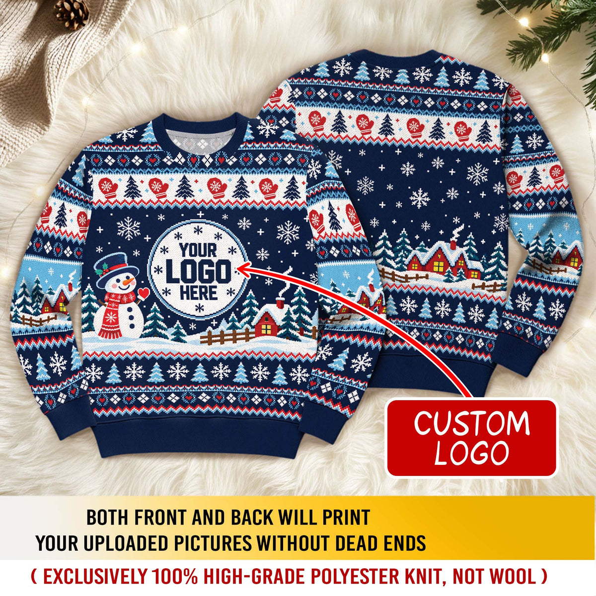 Custom Logo Ugly Sweater Snowman Winter Village Patterned Xmas Party Pullover