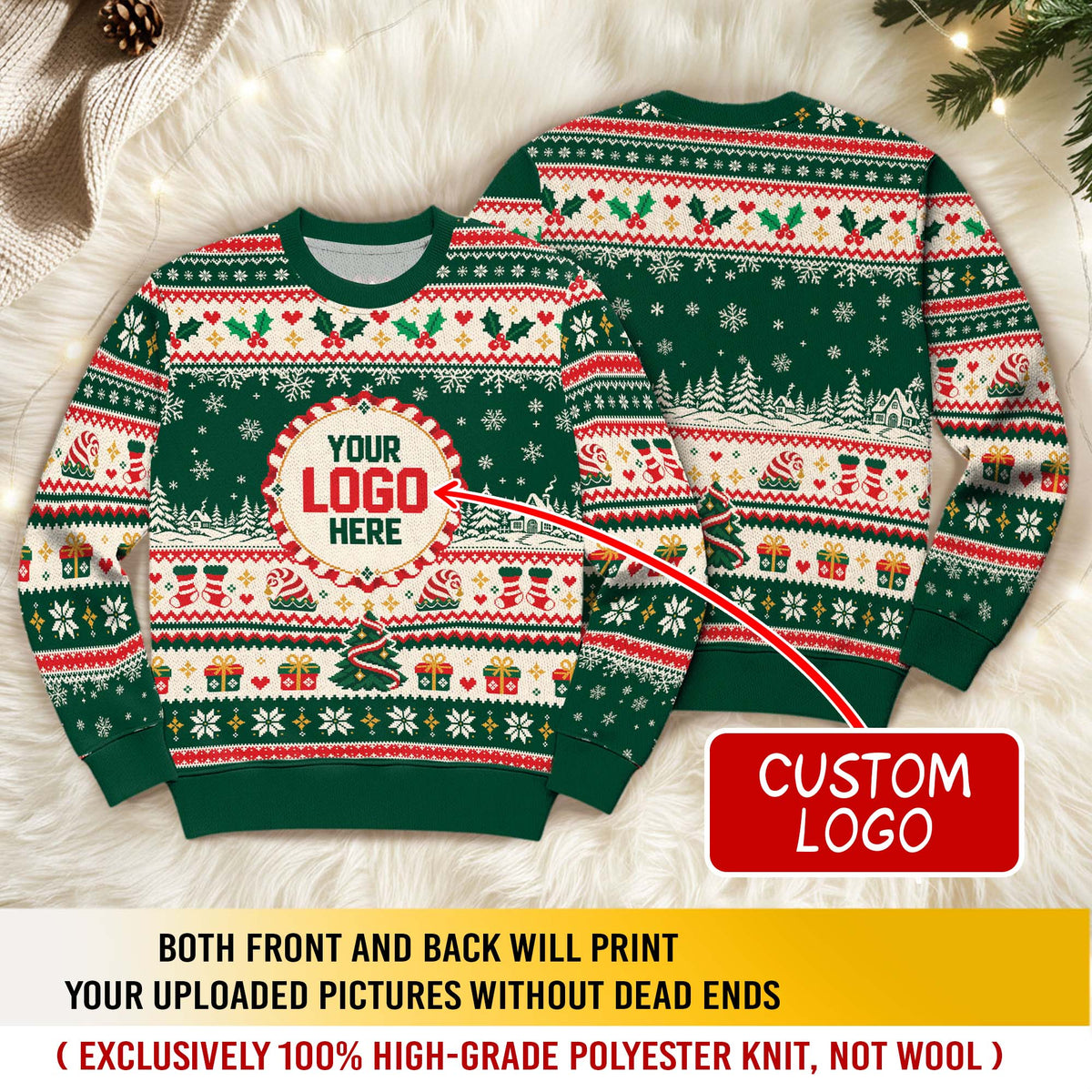Custom Logo Ugly Christmas Sweater Holly Berry Stocking Patterned Holiday Jumper