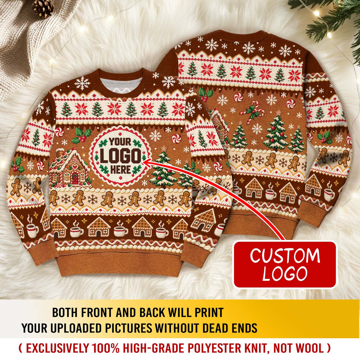 Custom Logo Ugly Christmas Sweater Gingerbread House Man Patterned Holiday Jumper