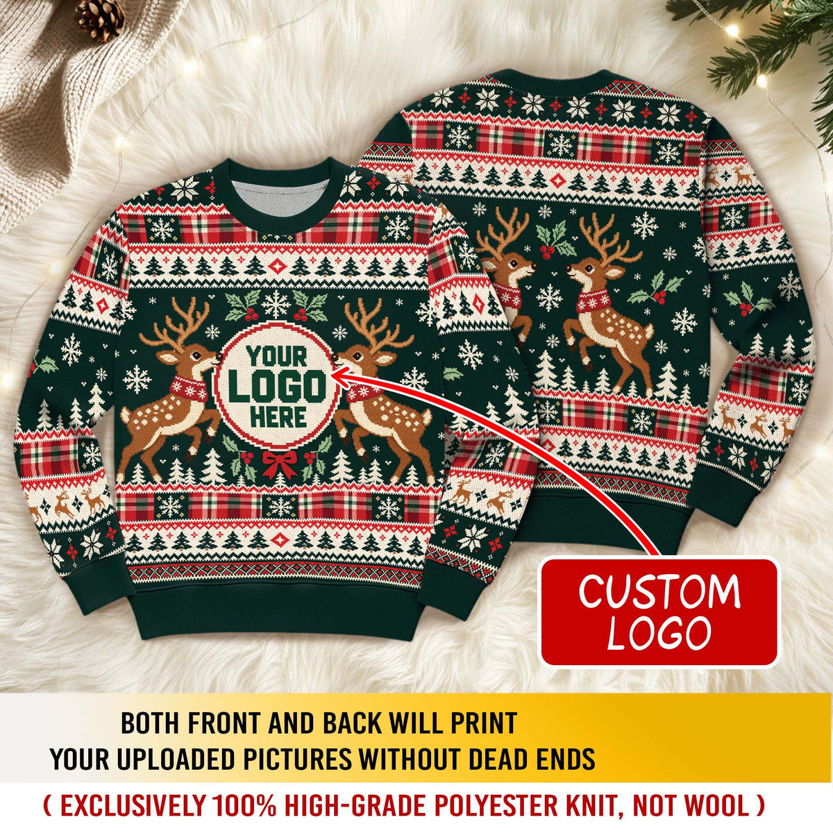 Custom Logo Ugly Sweater Green Reindeer Holly Berry Plaid Patterned Xmas Pullover