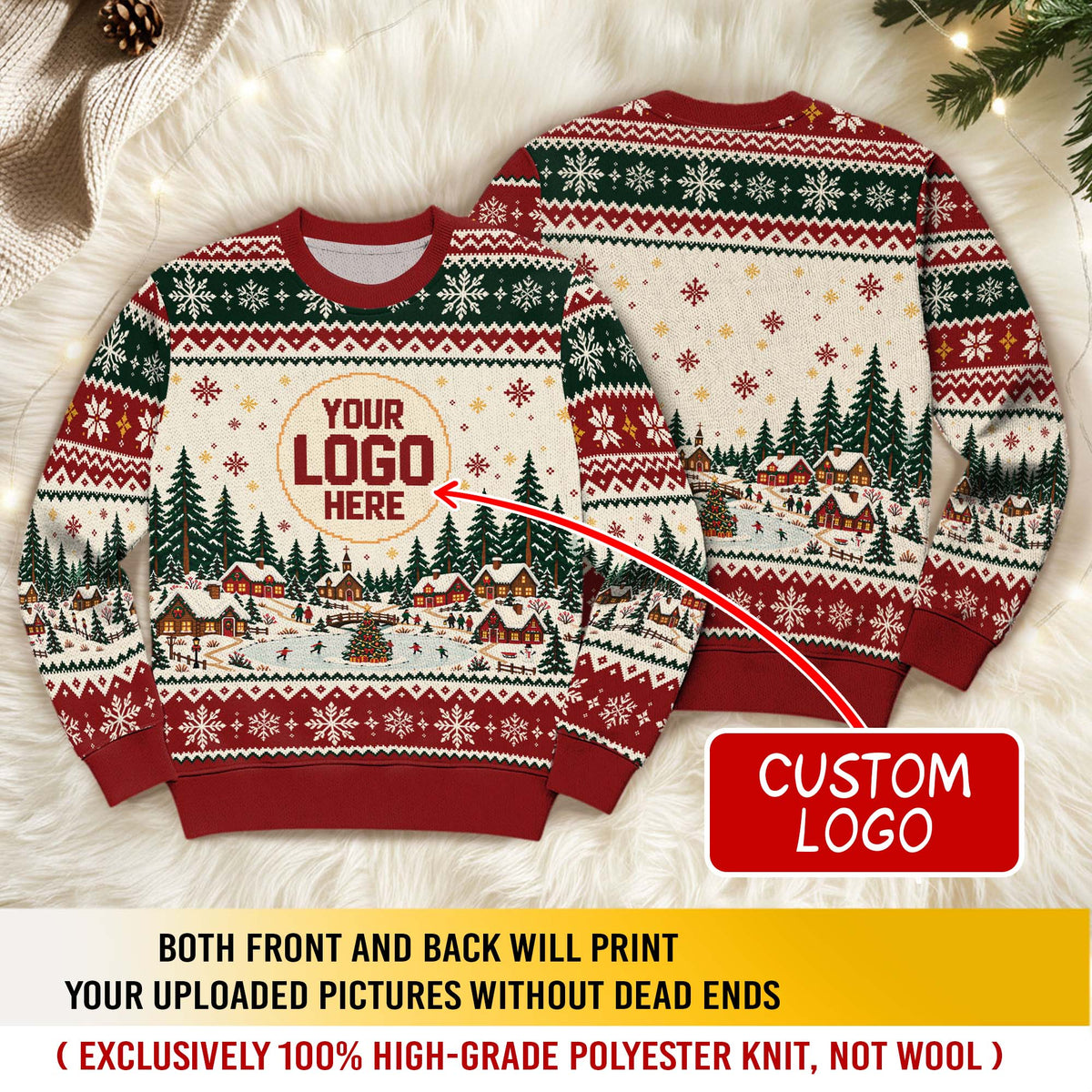 Custom Logo Ugly Christmas Sweater Snowy Village Ice Skating Patterned Holiday Jumper