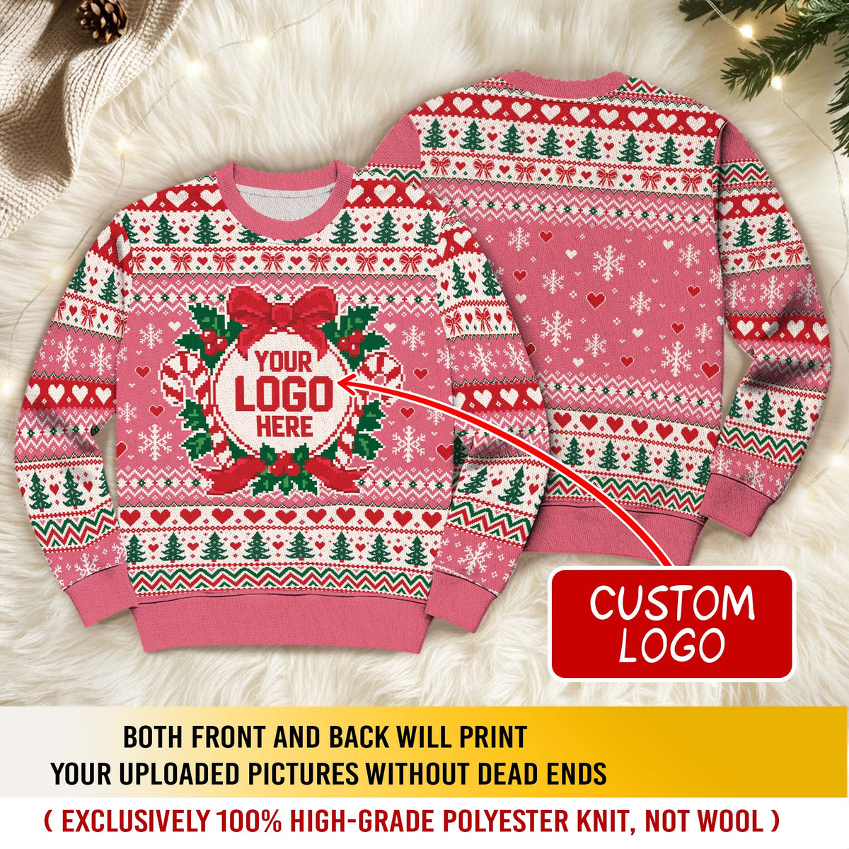Custom Logo Ugly Christmas Sweater Pink Wreath Red Bow Heart Patterned Holiday Jumper