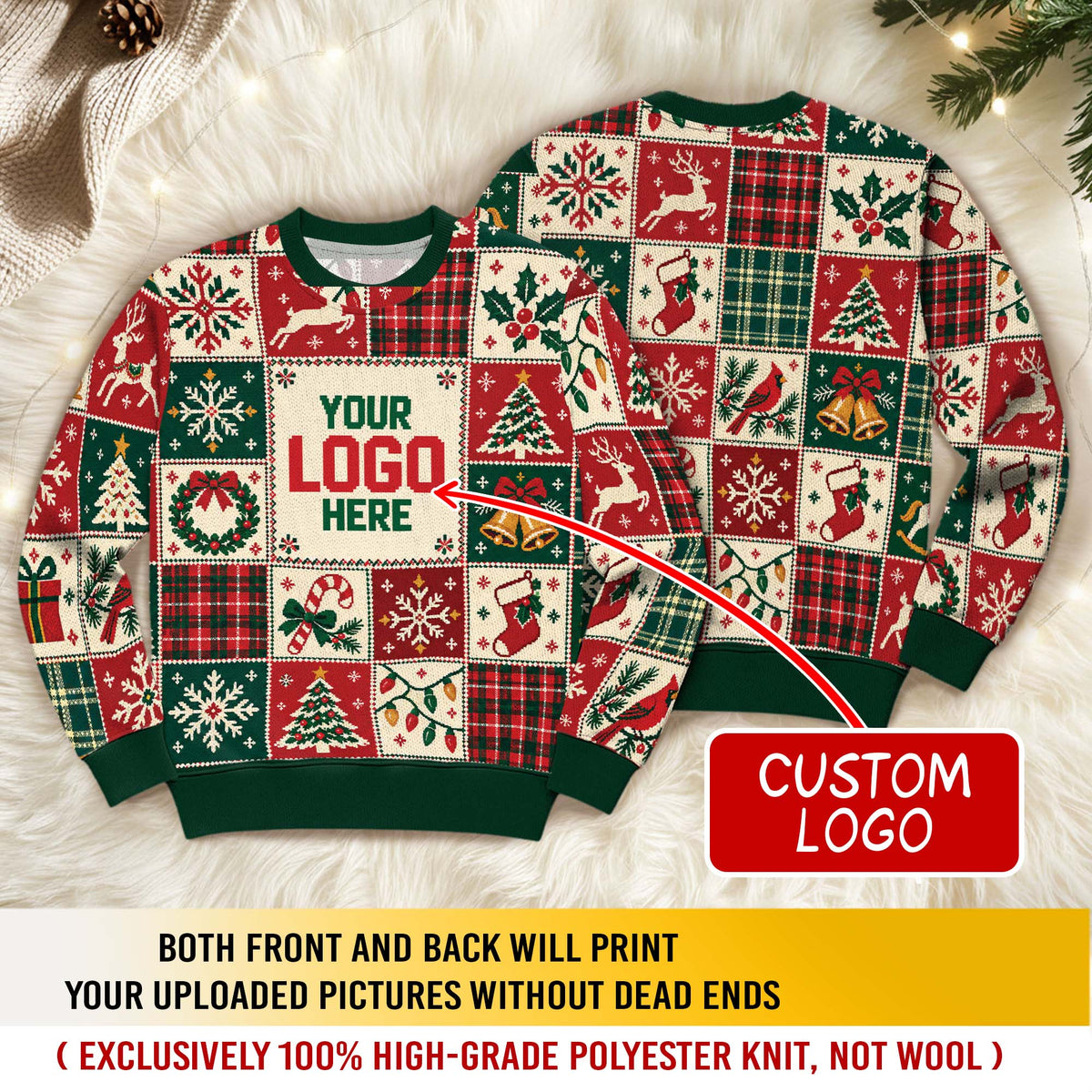 Custom Logo Ugly Christmas Sweater Patchwork Reindeer Plaid Grid Patterned Holiday Jumper