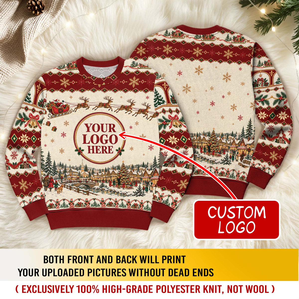 Custom Logo Ugly Christmas Sweater Vintage Santa Sleigh Reindeer Town Holiday Jumper