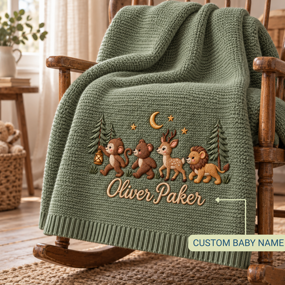 Personalized Embroidered Baby Blanket Custom Name Woodland Animal Knit Blanket Nursery Gift