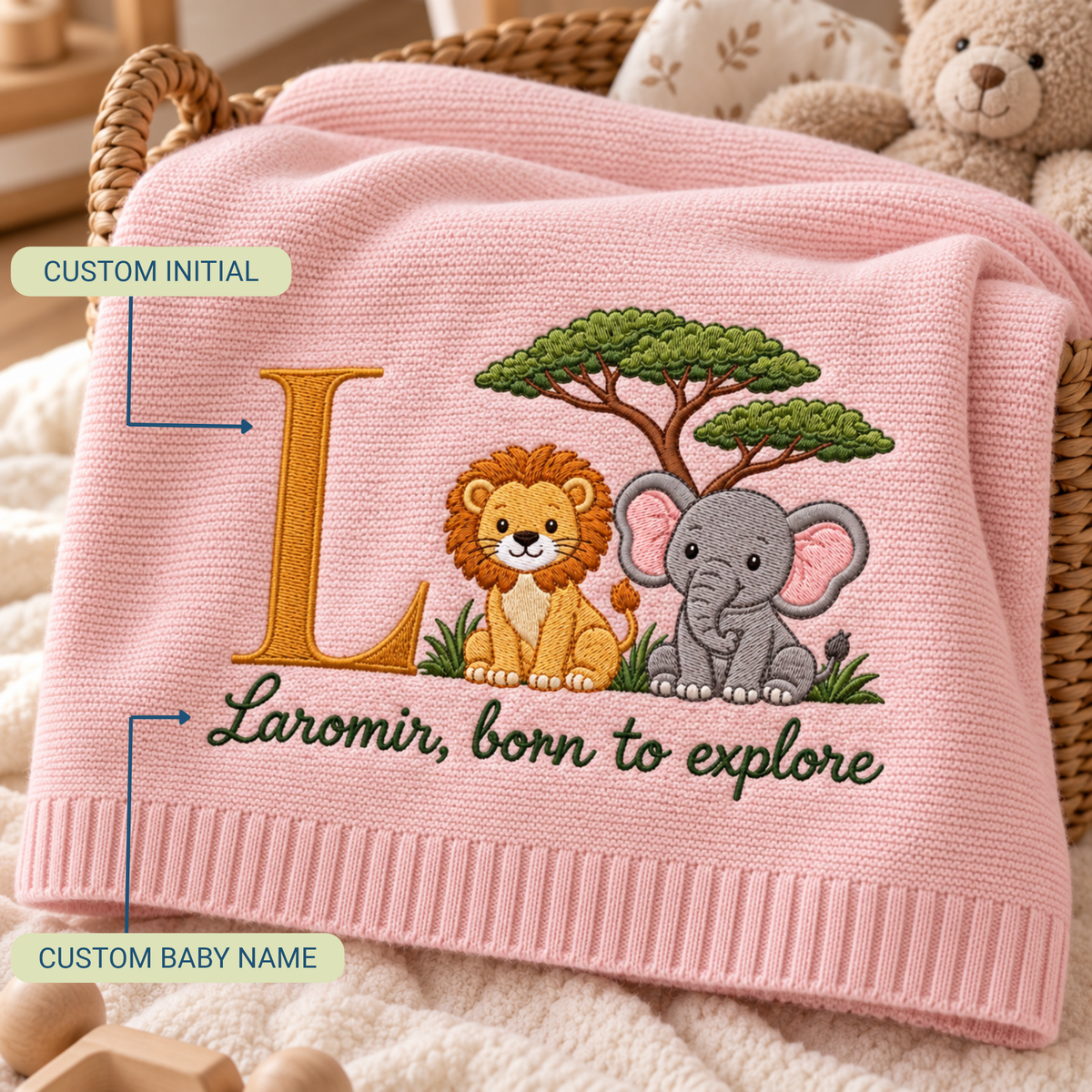 Personalized Embroidered Baby Blanket Custom Initial Lion Elephant Knit Nursery Gift