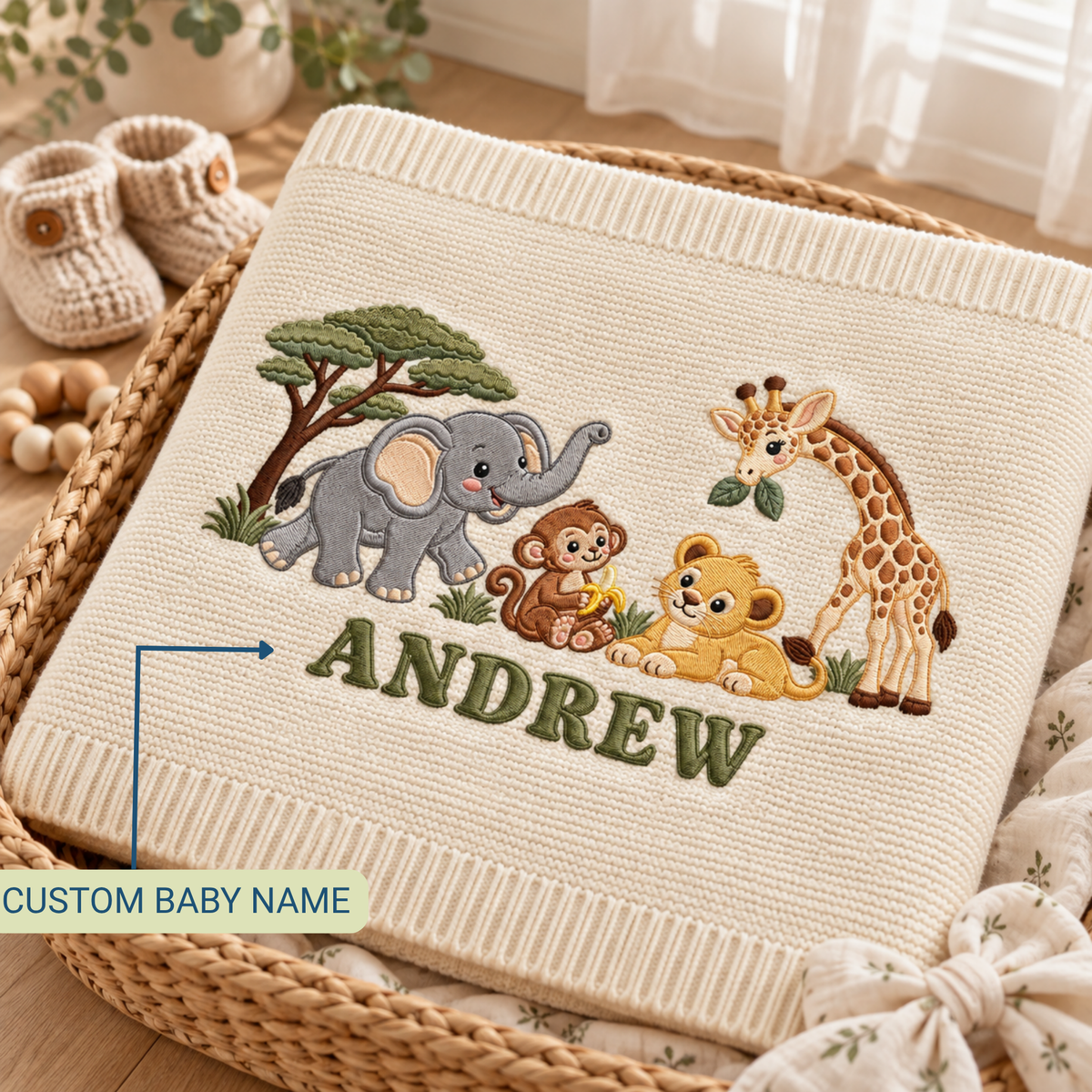 Custom Embroidered Baby Blanket Personalized Safari Animal Knit Blanket Baby Shower Gift