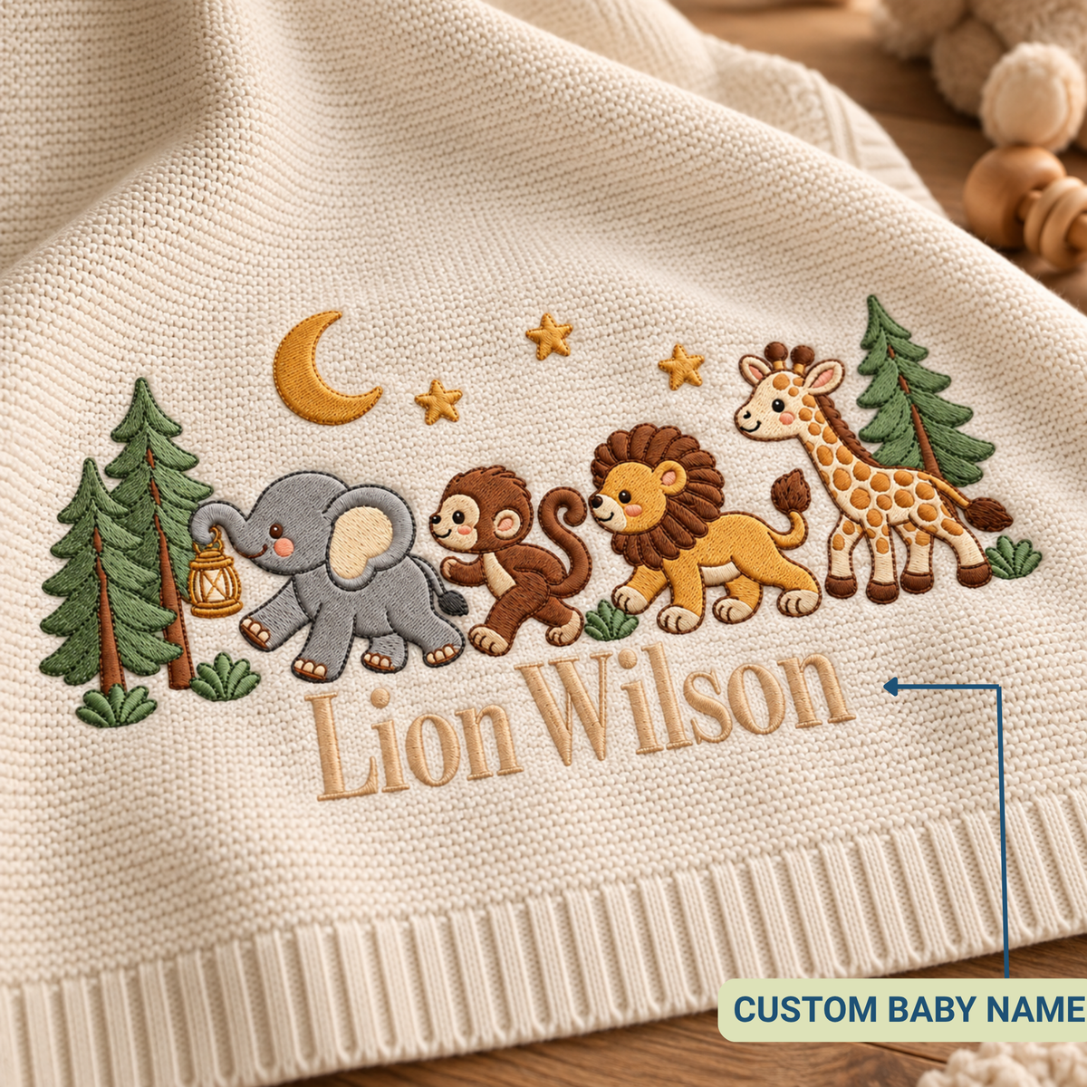 Personalized Embroidered Baby Blanket Custom Elephant Lion Giraffe Knit Baby Shower Gift