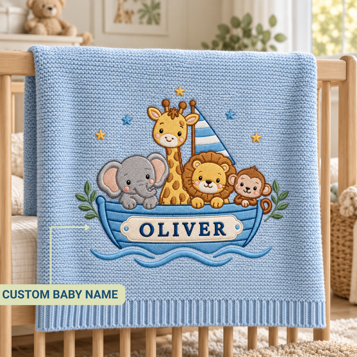 Personalized Embroidered Baby Blanket Custom Name Noah Ark Boat Knit Nursery Blanket